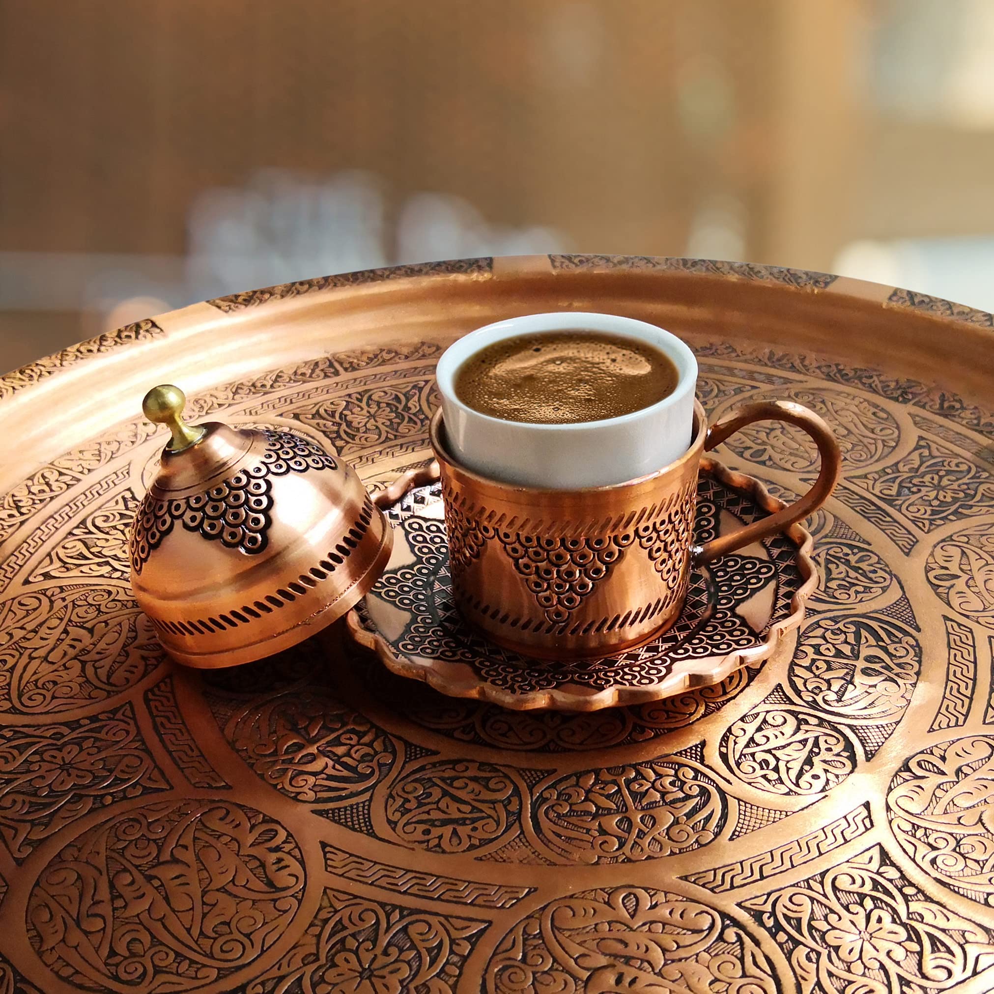 Premium Turkish Coffee Cups Set of 6 with Copper Tray - Vintage Espresso Cups in Velvet Gift Box | Perfect for Home Brewing, Turkish Coffee Ceremonies & Gifts