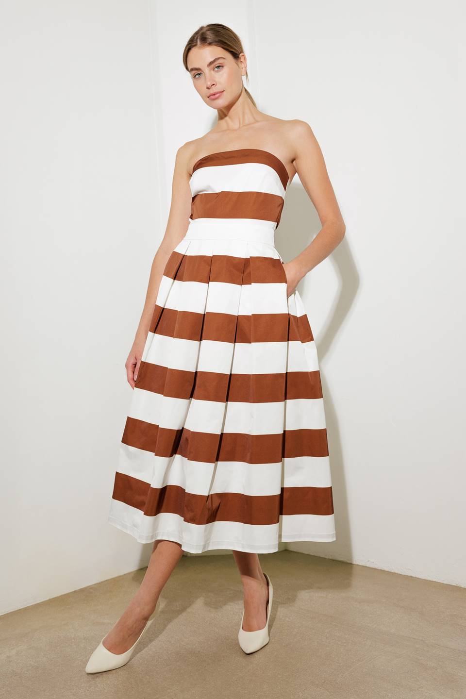 EVERYDAY HUSTLE Rust Stripe Midi Dress - Stylish Casual Wear for Work, Date Night & Special Occasions