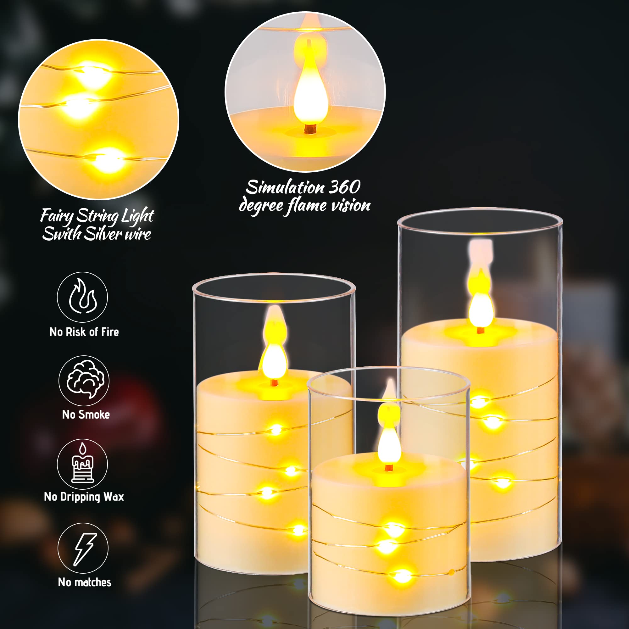 Flickering Flameless LED Candles with Star String Lights - Battery Operated, Remote & Timer - Set of 3 Ivory White Acrylic Pillar Candles for Home Decor, Wedding, Party & Holiday Ambiance