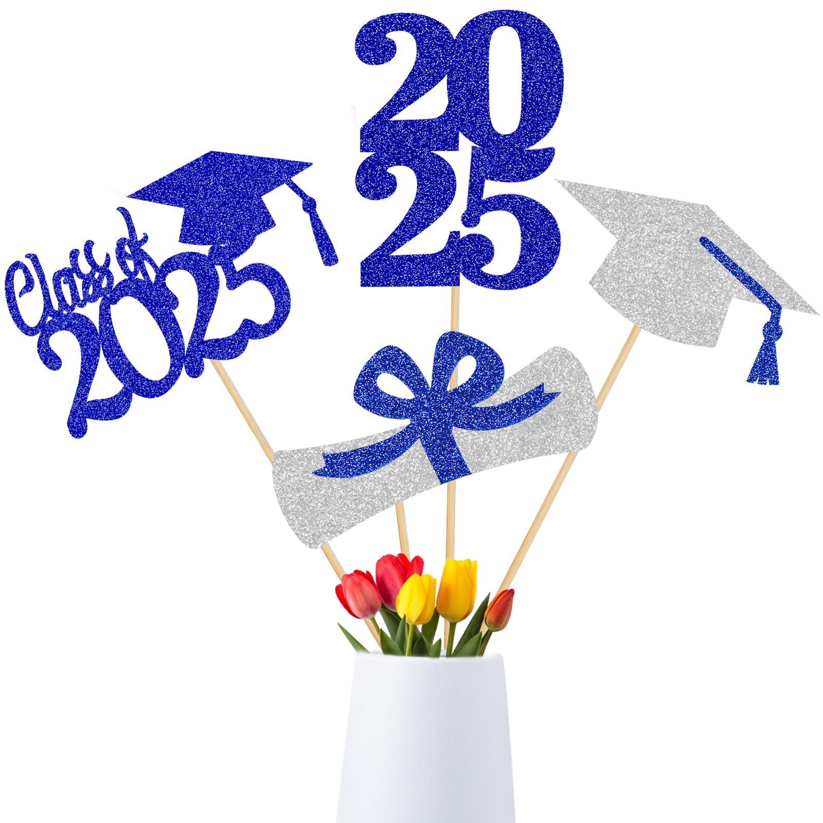 24-Piece Blue and Silver 2025 Graduation Centerpiece Sticks - Elegant Table Decor for Graduation Parties, Class of 2025 Celebrations, Commencement Ceremonies, and Graduation Banquets