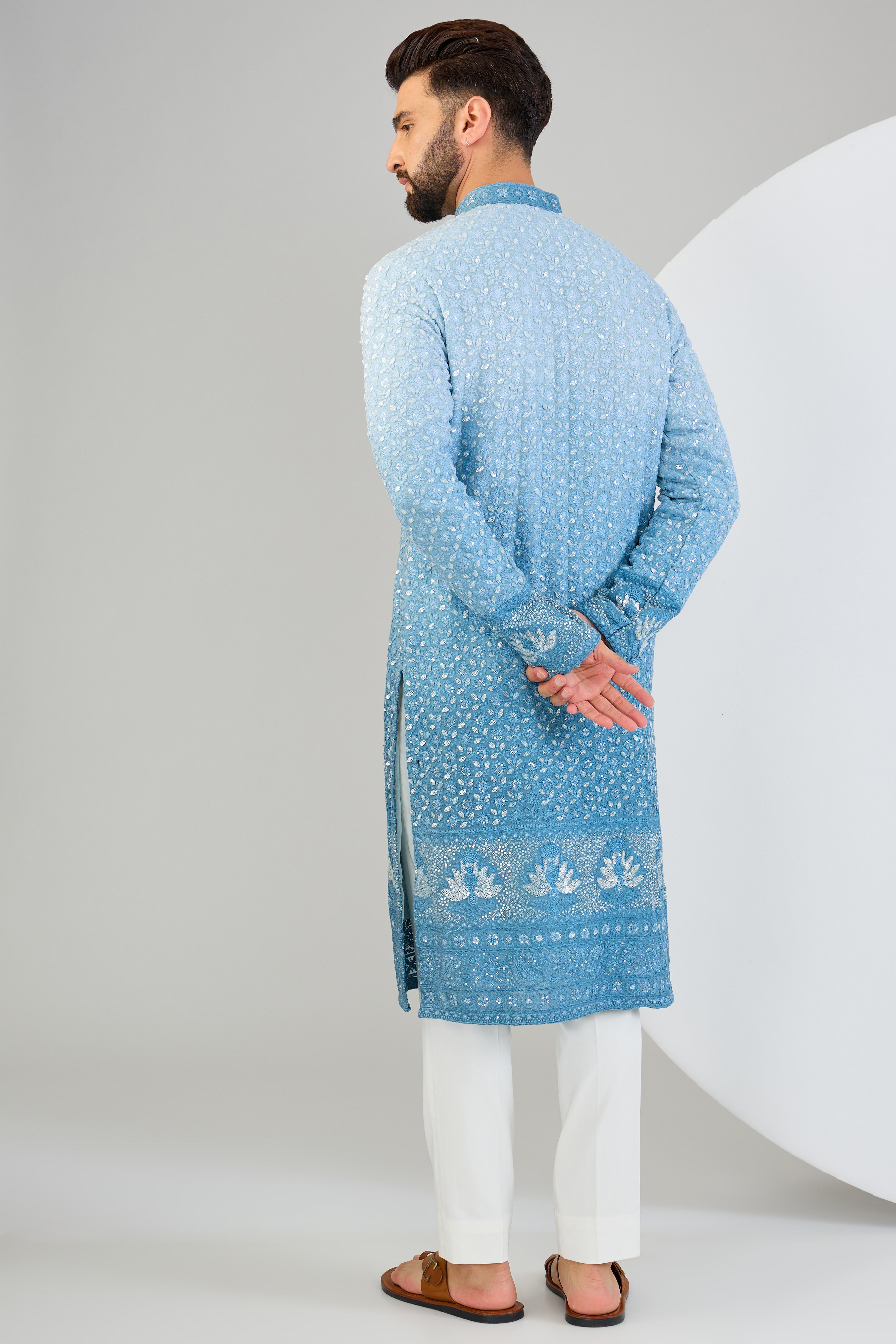 Elegant Powder Blue Ombre Chikankari Kurta with Intricate Neckline - Perfect for Festivals, Weddings & Ethnic Fashion