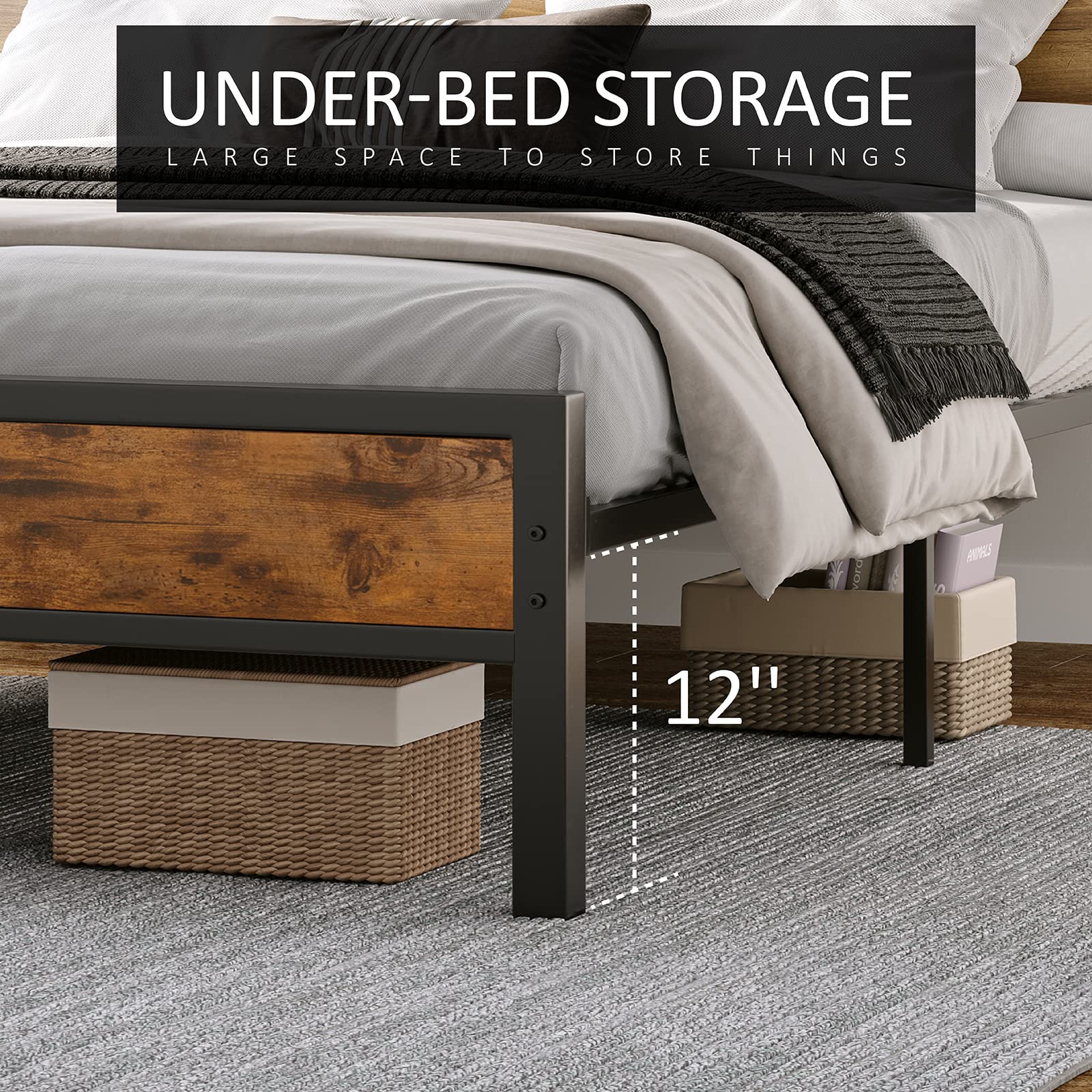 AMERLIFE Queen Size Bed Frame - Industrial Platform Bed with Charging Station & 2-Tier Storage Headboard, No Box Spring Needed, Noise-Free, Dark Brown - Perfect for Modern Bedrooms, Small Spaces & Apartment Living