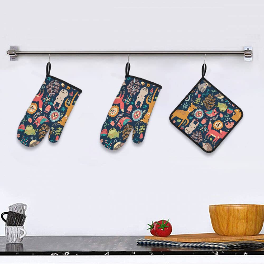 Owl Deer Hedgehog Fox Oven Mitts and Pot Holders Set of 3 - Heat Resistant BBQ Gloves for Kitchen Cooking Baking Grilling - Perfect for Women Chefs & Home Cooks (Ideal for Holiday Gifts & Housewarming)