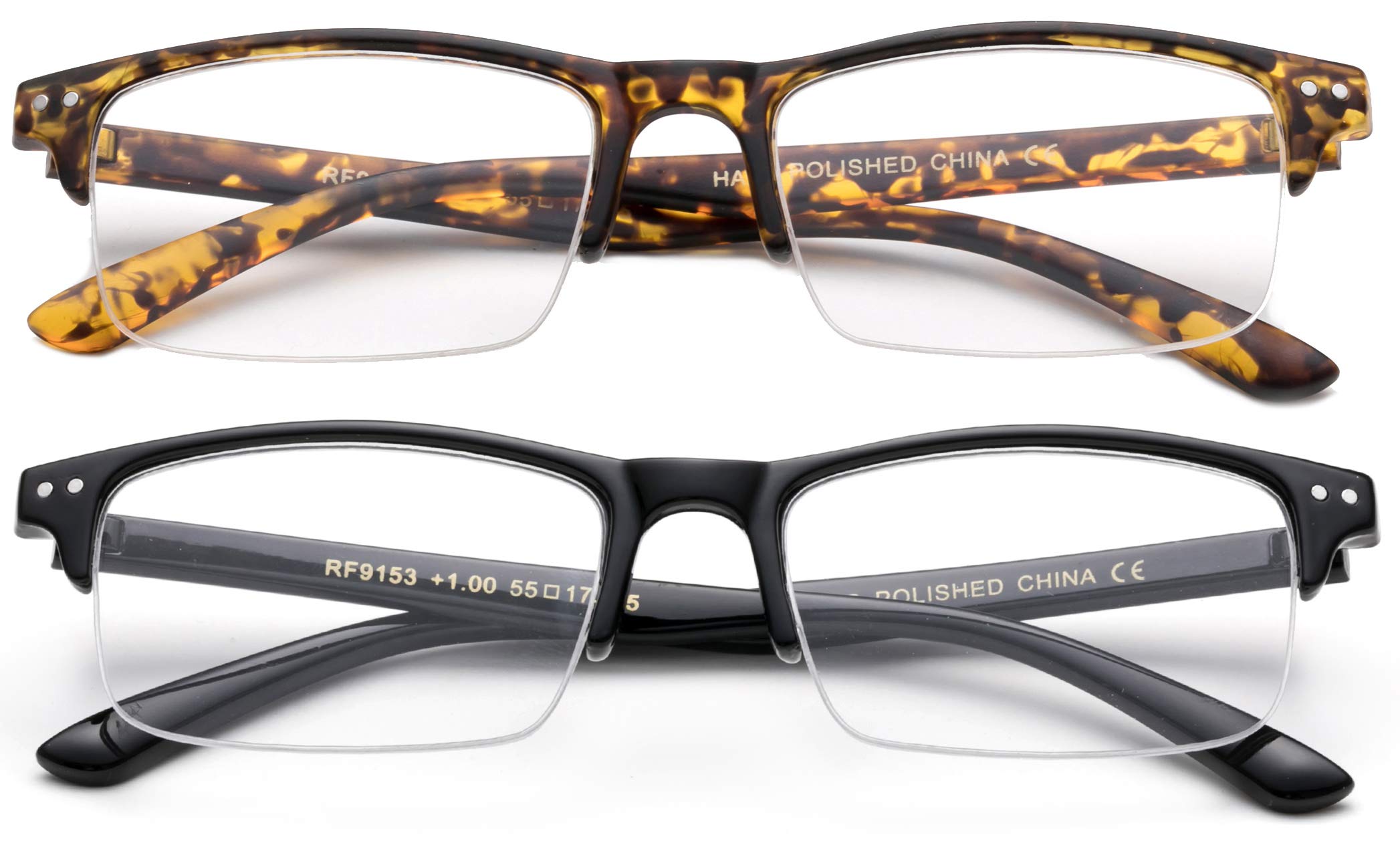 2 Packs Wide Frame Reading Glasses - Semi Rimless Stylish Fashion Readers with Carrying Pouch for Women & Men - Perfect for Reading, Computer Use, and Daily Wear