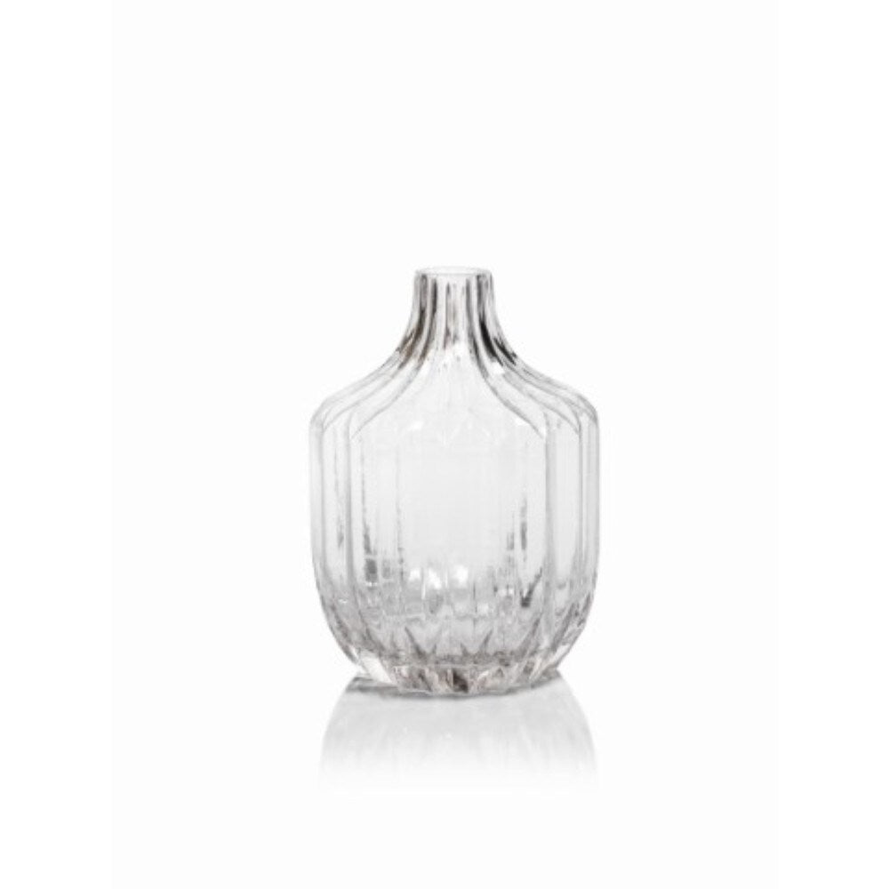 Astrud 9 Inch Tall Glass Short Neck Vase with Ribbed Pattern - Elegant Home Decor for Flowers, Centerpieces, and Wedding Arrangements
