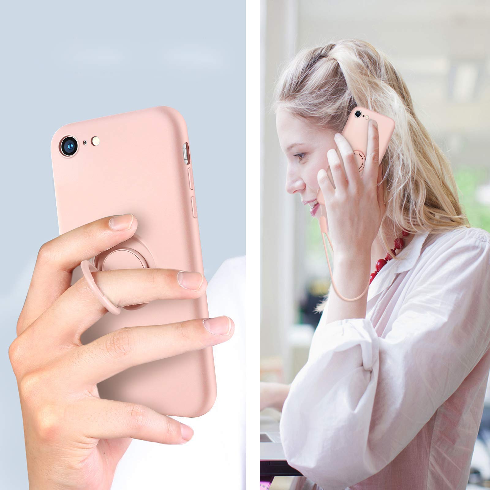Premium Slim Silicone iPhone SE 2022/2020 & iPhone 8/7 Case - Shockproof Soft Rubber Hybrid Cover with 360° Ring Kickstand (Pink) - Perfect for Women's Daily Protection & Hands-Free Viewing