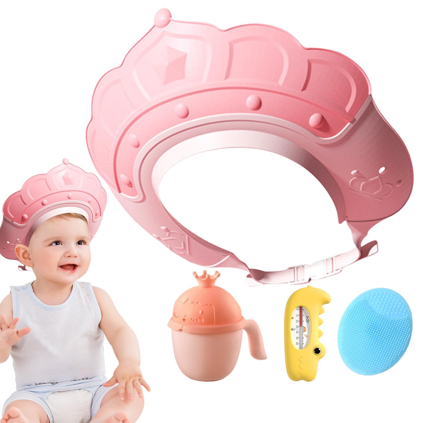 Fovolat Kids Bathing Hat with Water Temperature Gauge & Shampoo Cup - Adjustable Hair Washing Cap with Massage Brush for Toddler Bath Time Fun | Perfect for Baby Shower, Spa Day & Sensitive Skin Care