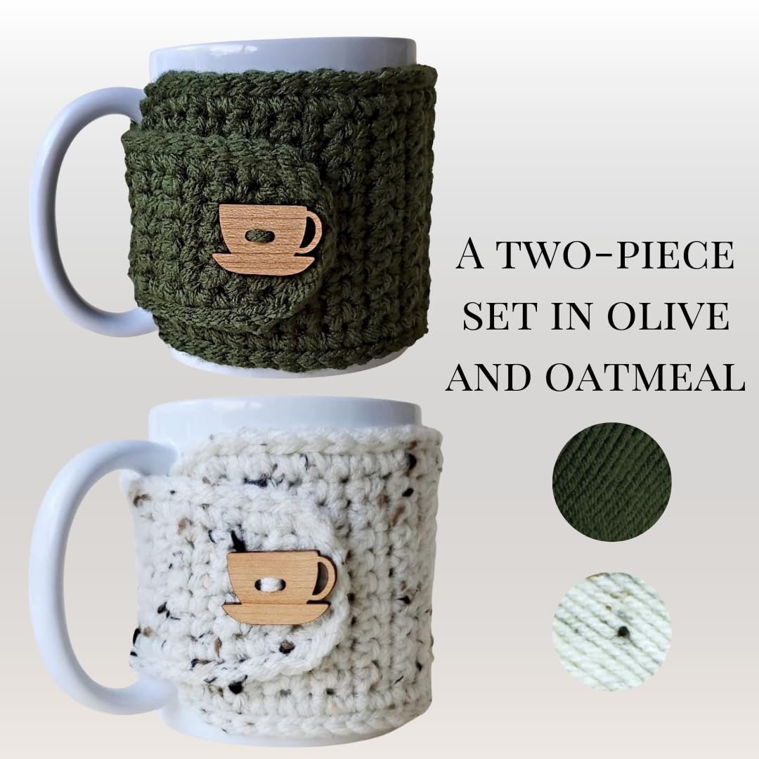 Olive & Oatmeal Cozy Mug Covers with Wooden Cup & Saucer Button - Perfect for Coffee, Tea & Hot Drinks - Ideal for Home, Office & Gifts