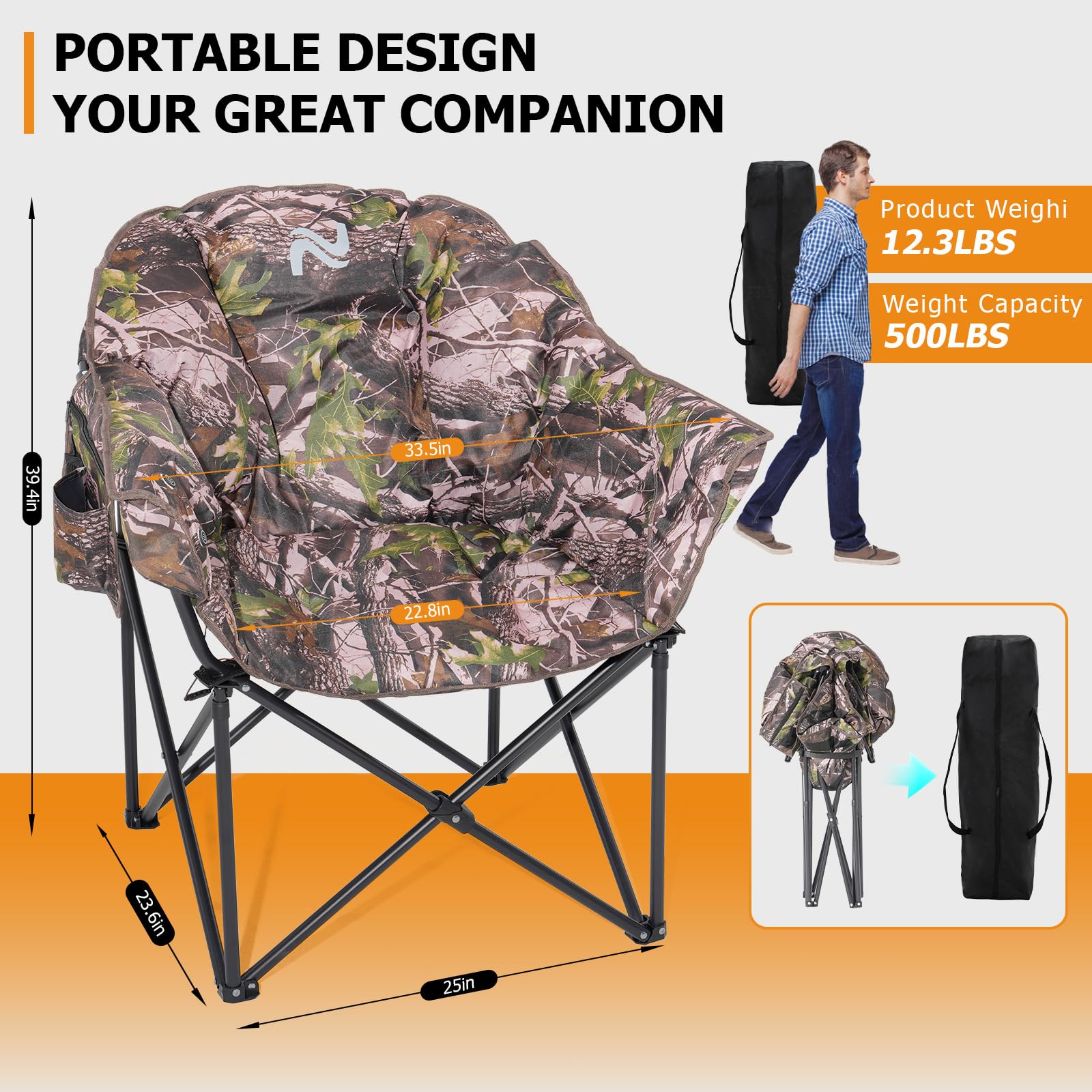 LILYPELLE Oversized Heated Camping Chair - 3 Adjustable Heat Levels, Portable Folding Outdoor Lounge Chair with Round Moon Saucer Design for Patio, Backyard, Beach & Camping | Perfect for Winter Camping, Tailgating & Outdoor Relaxation