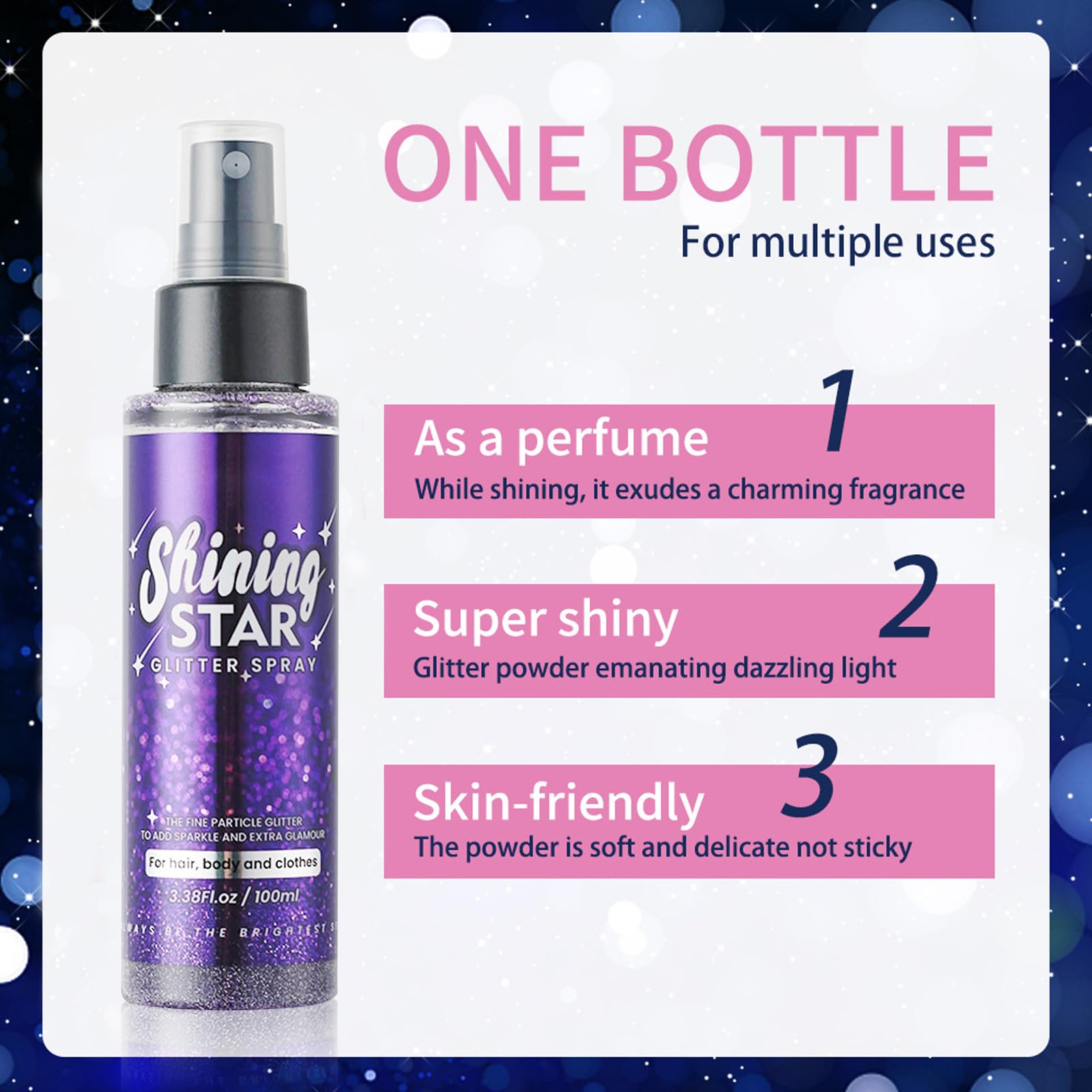 MEICOLY Body Glitter Spray - 100ml (3.53oz) Shimmer Spray for Hair, Face, Body & Clothes | Sparkle Hair Spray & Skin Glitter for Mardi Gras Costumes, Parties, Festivals & Cosplay | Vegan & Cruelty-Free Glitter Makeup Accessories