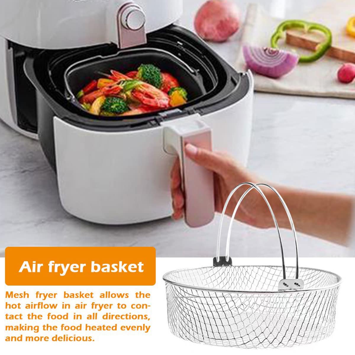 21CM 304 Stainless Steel Air Fryer Mesh Basket with Handle - Crisper Basket for Air Fryer Accessories | Perfect for Healthy Cooking, French Fries, Chicken Wings & Vegetables in Home Kitchen