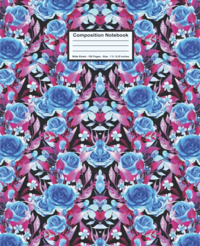 Wide Ruled Composition Notebook with Blue Floral Cover - Lined Paper Journal for School, College & Office - Perfect for Students, Teens & Kids (Ideal for Note Taking, Homework & Creative Writing)