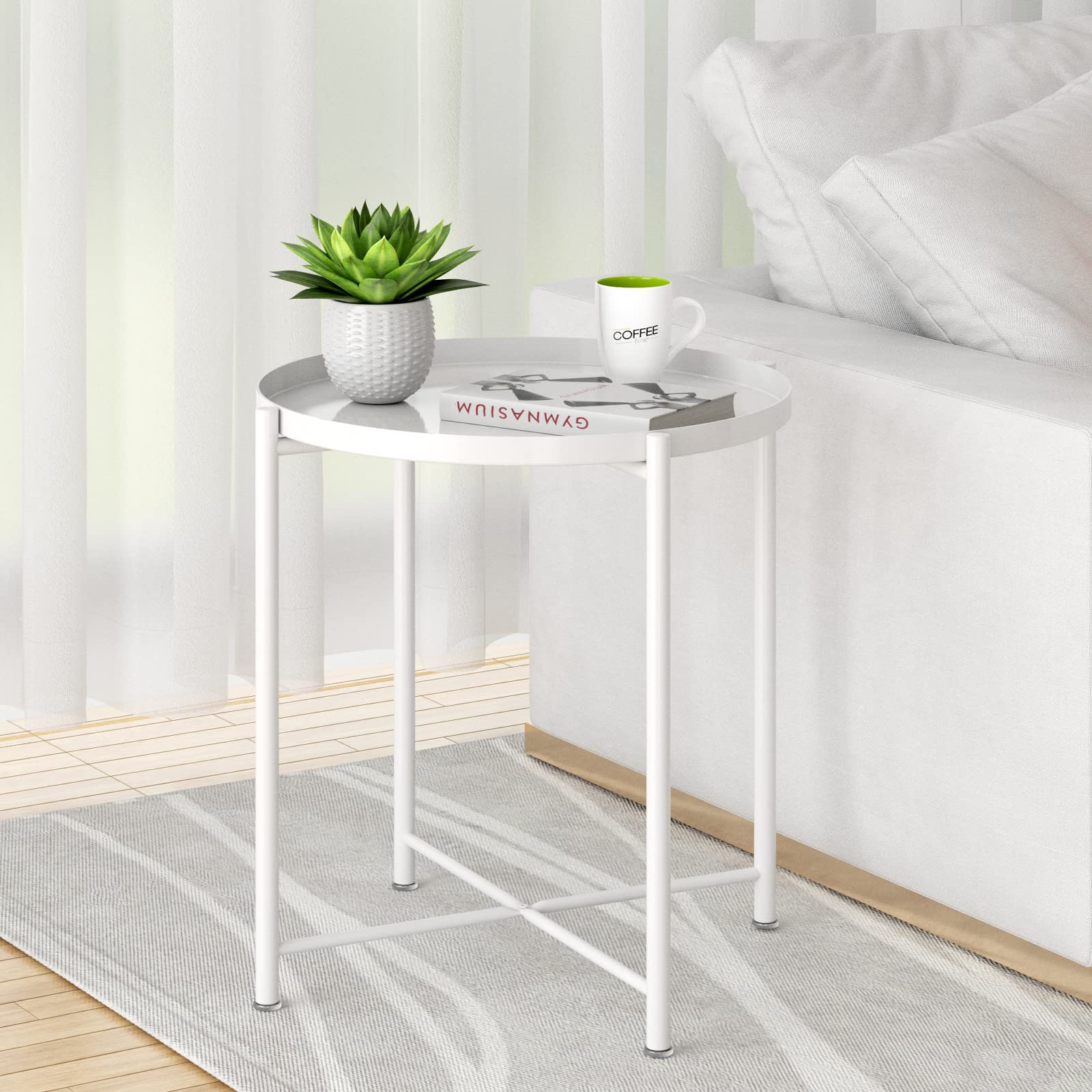 OVICAR Round Metal Tray End Table - Rustproof Waterproof Accent Coffee Table for Indoor & Outdoor Use | Modern Side Table for Living Room, Bedroom, Balcony, Patio | Perfect as Sofa Table, Nightstand or Outdoor Bistro Table