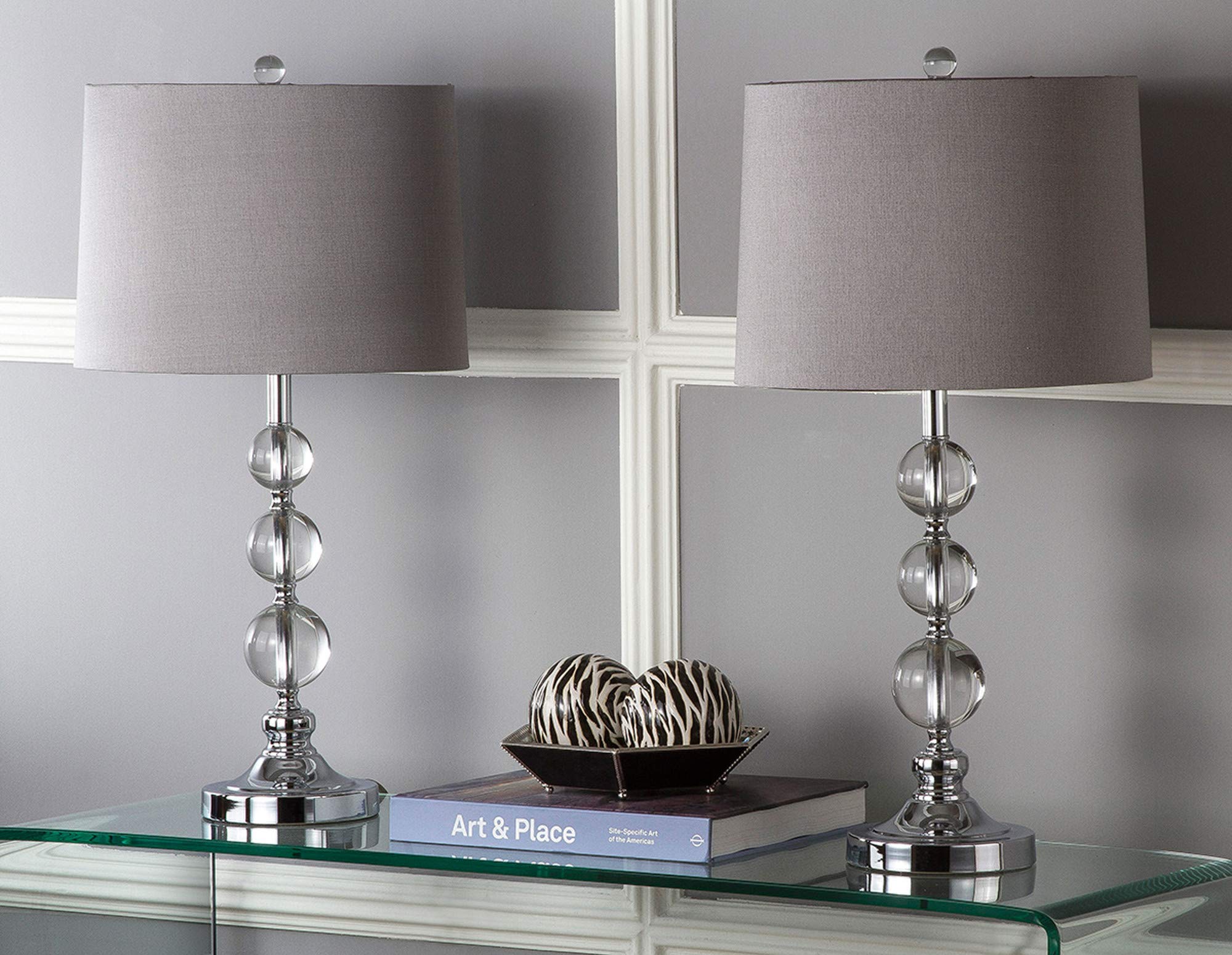 SAFAVIEH Keeva Modern Crystal Ball Table Lamp Set of 2 with Grey Shade - 27 Inch LED Bedside Lamp for Bedroom, Living Room, Home Office & Nightstand (Bulbs Included) | Elegant Lighting for Reading, Relaxation & Home Decor
