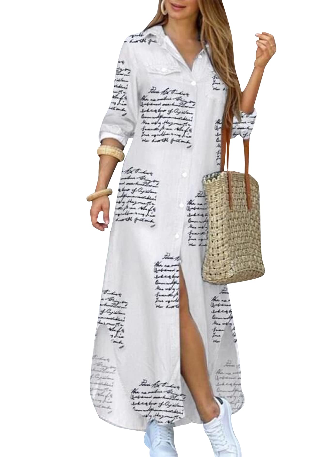 GORIFE Women's Floral Printed Long Sleeve Button Down Maxi Dress with Lapel Collar - Casual Loose Fit Shirt Dress for Spring Summer, Office, Beach & Date Night