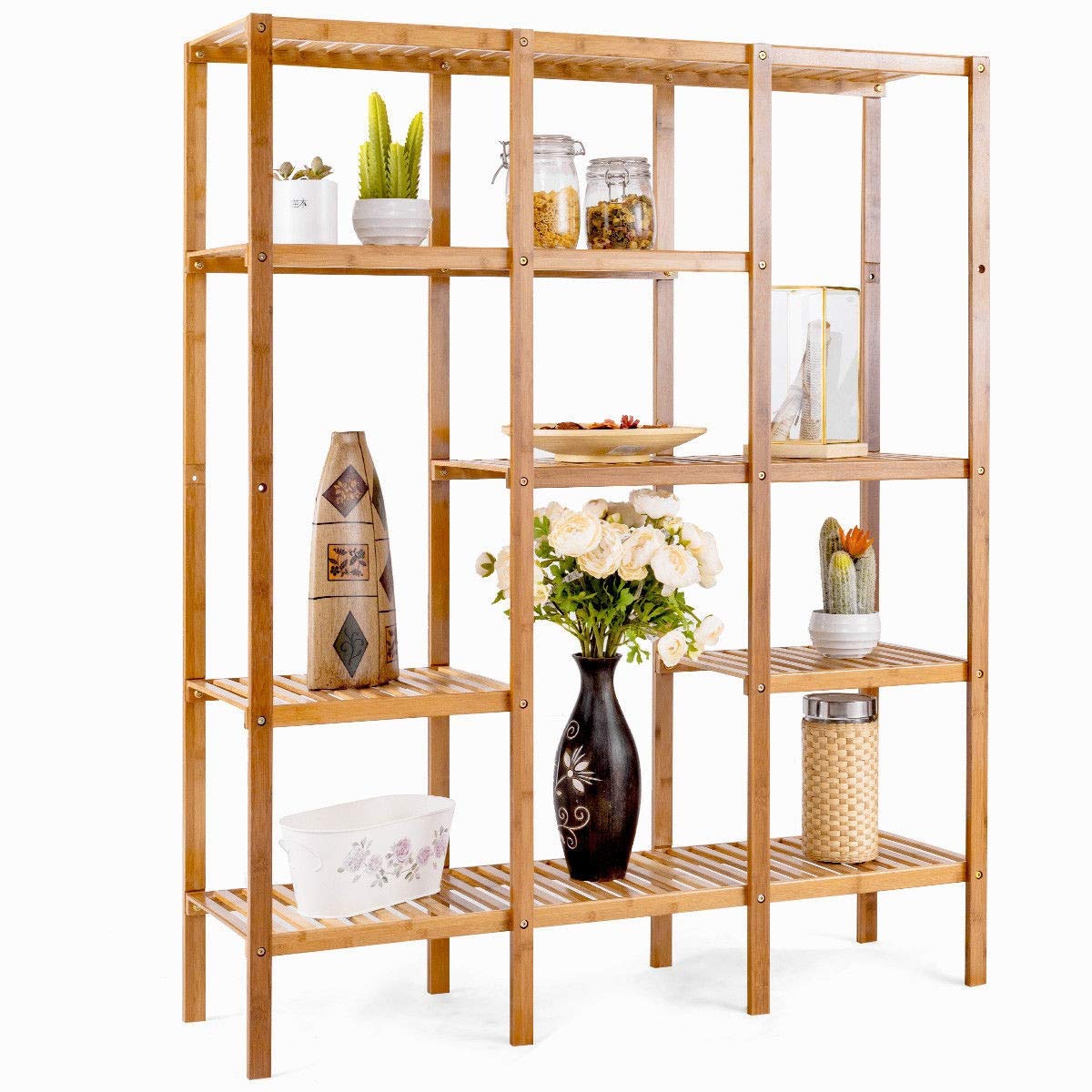 Multifunctional Bamboo Shelf - Free Standing Storage Organizer Rack for Bathroom, Kitchen & Plant Display | Space-Saving Home Decor Solution