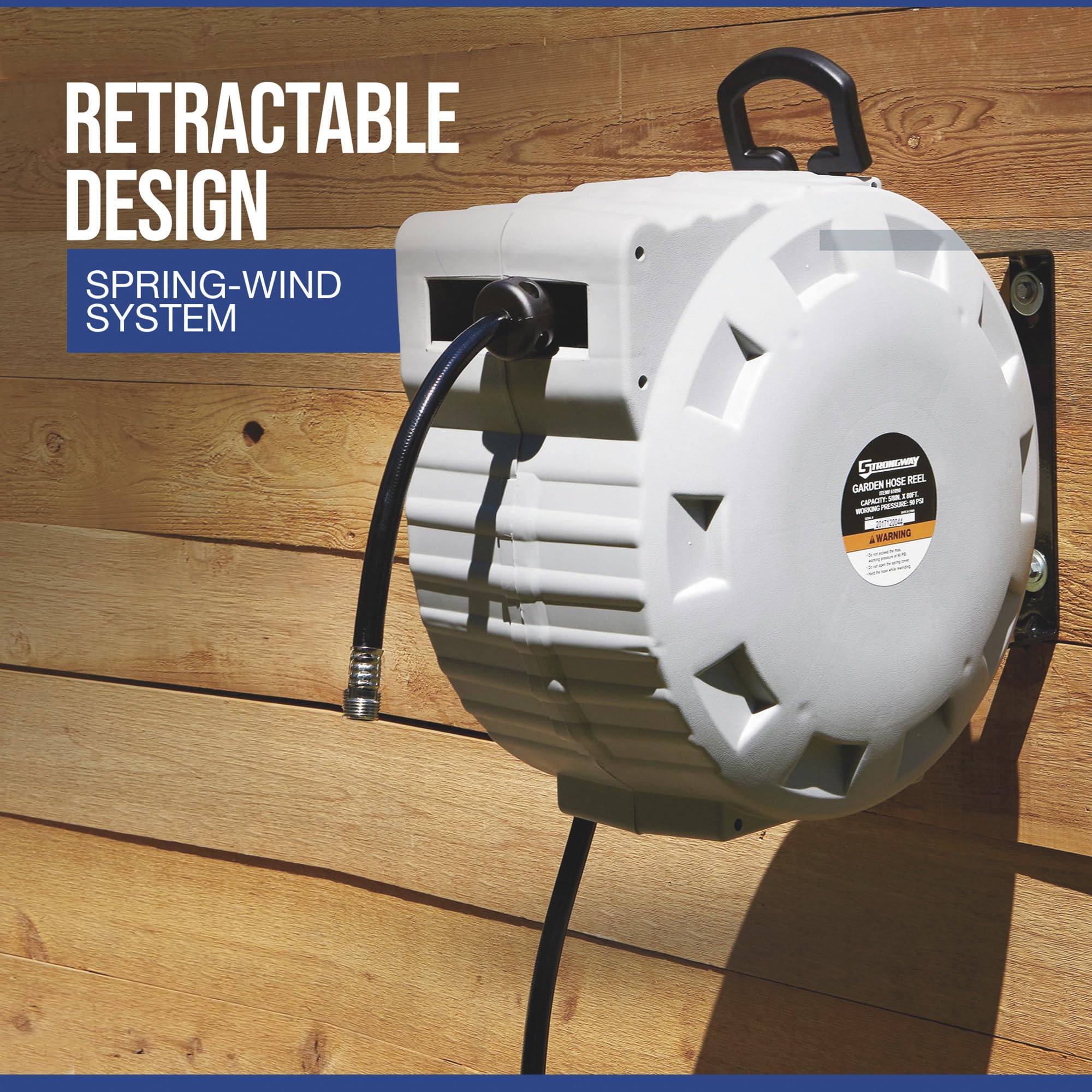 Strongway Retractable Garden Hose Reel with 5/8in. Dia. x 80ft. Heavy Duty Hose - Wall Mount for Lawn, Garden & Outdoor Watering