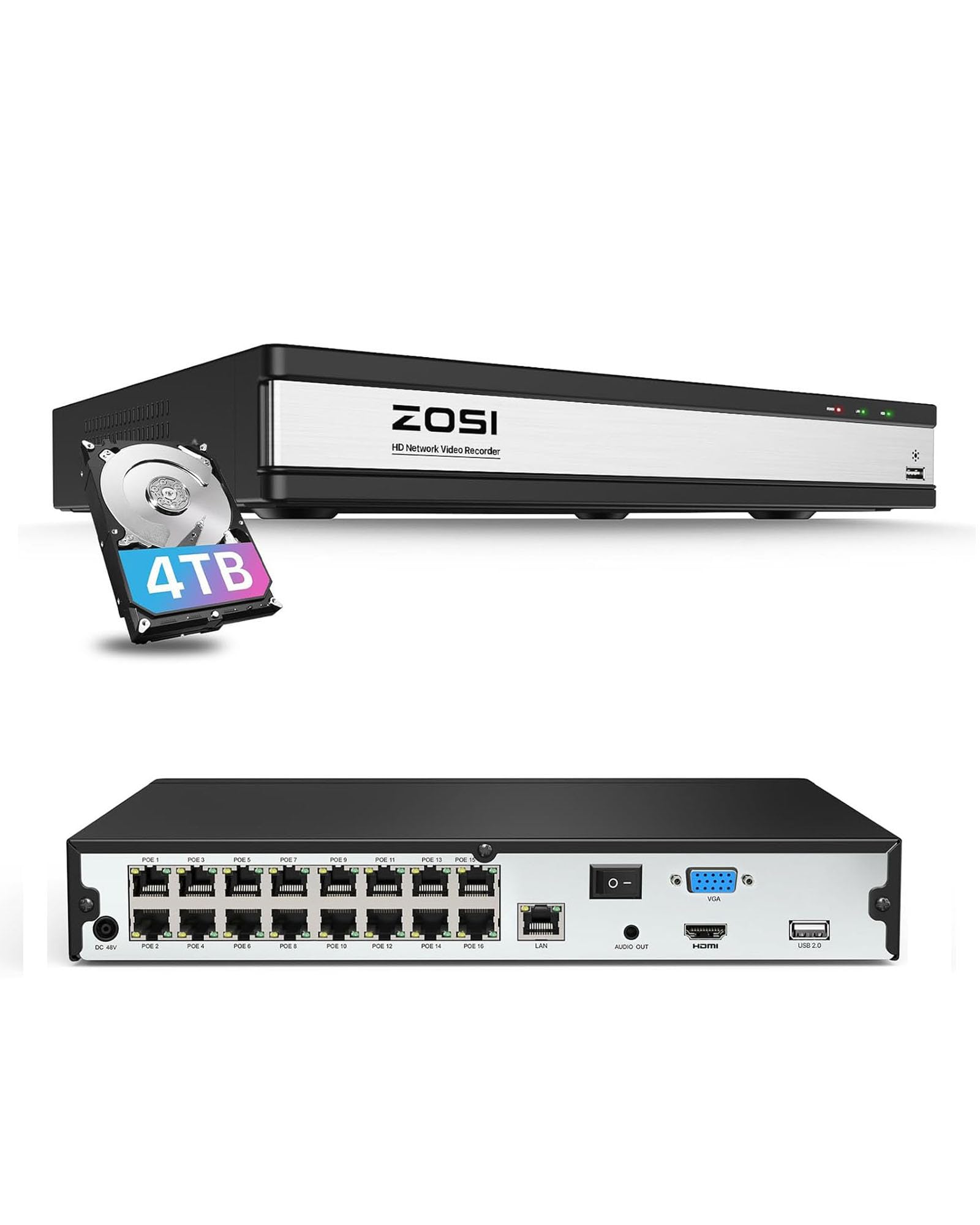 ZOSI 4K 16CH PoE NVR Security System with 4TB HDD - 8MP Network Video Recorder for Home & Business Surveillance | 24/7 Recording | Compatible with ZOSI 4K/8MP/5MP/4MP PoE Cameras (32 Channel 16-Port) | Ideal for Property Protection & Remote Monitoring
