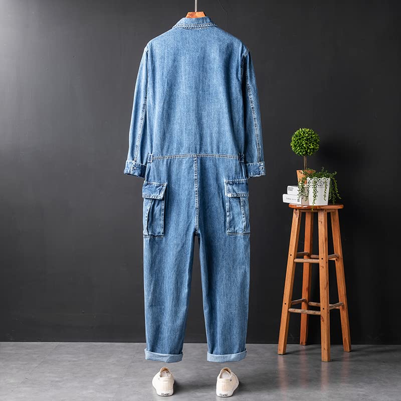 Men's Long Sleeve Cargo Denim Jumpsuit with Multiple Pockets - Casual Work Overalls in Gray Blue | Durable Coveralls for Construction, Gardening & Outdoor Activities