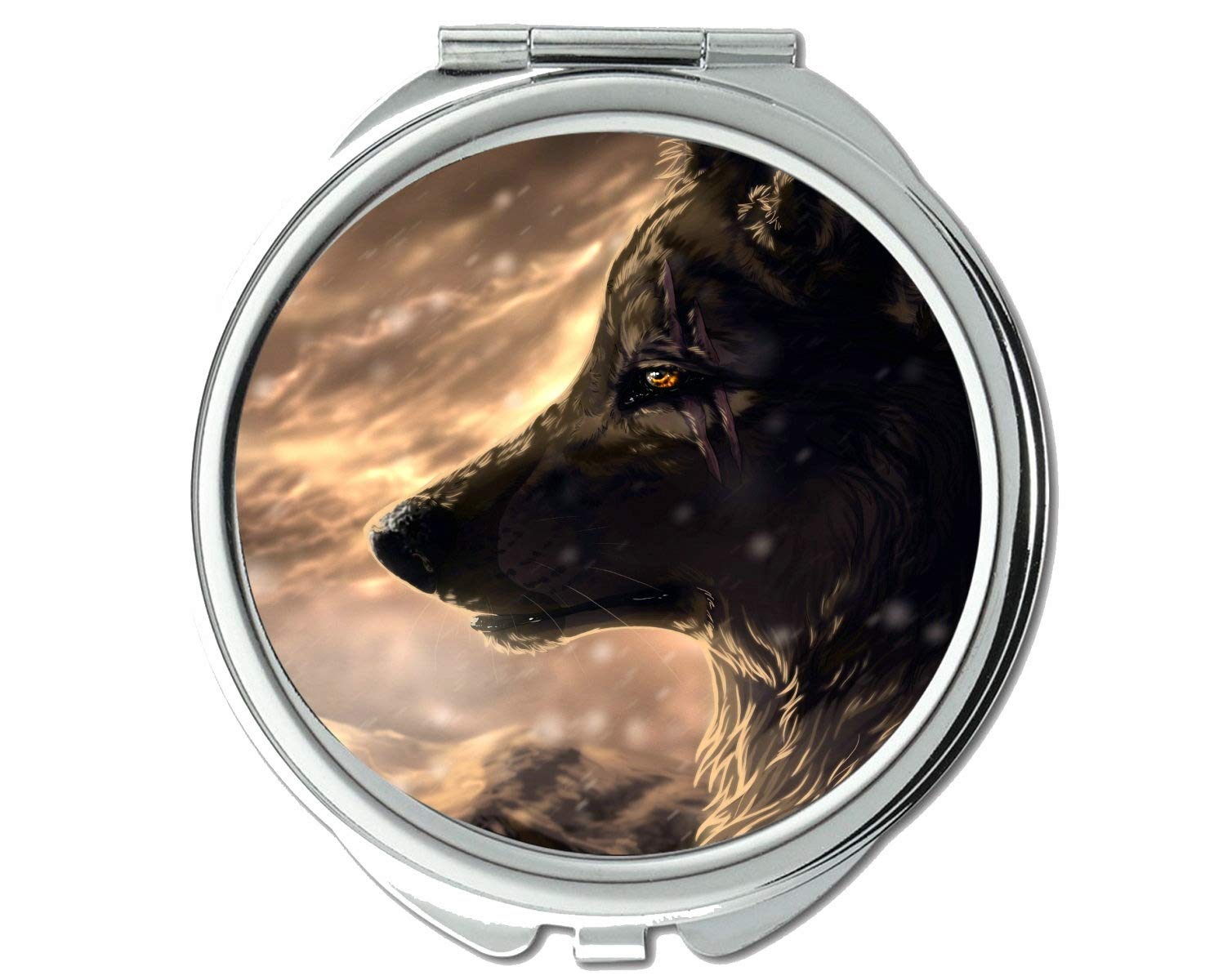 Round Mirror with Wolf Snow Scene - 1X & 2X Magnifying Pocket Mirror for Makeup, Travel, and Gifts | Animal-Themed Compact Mirror for Women & Men
