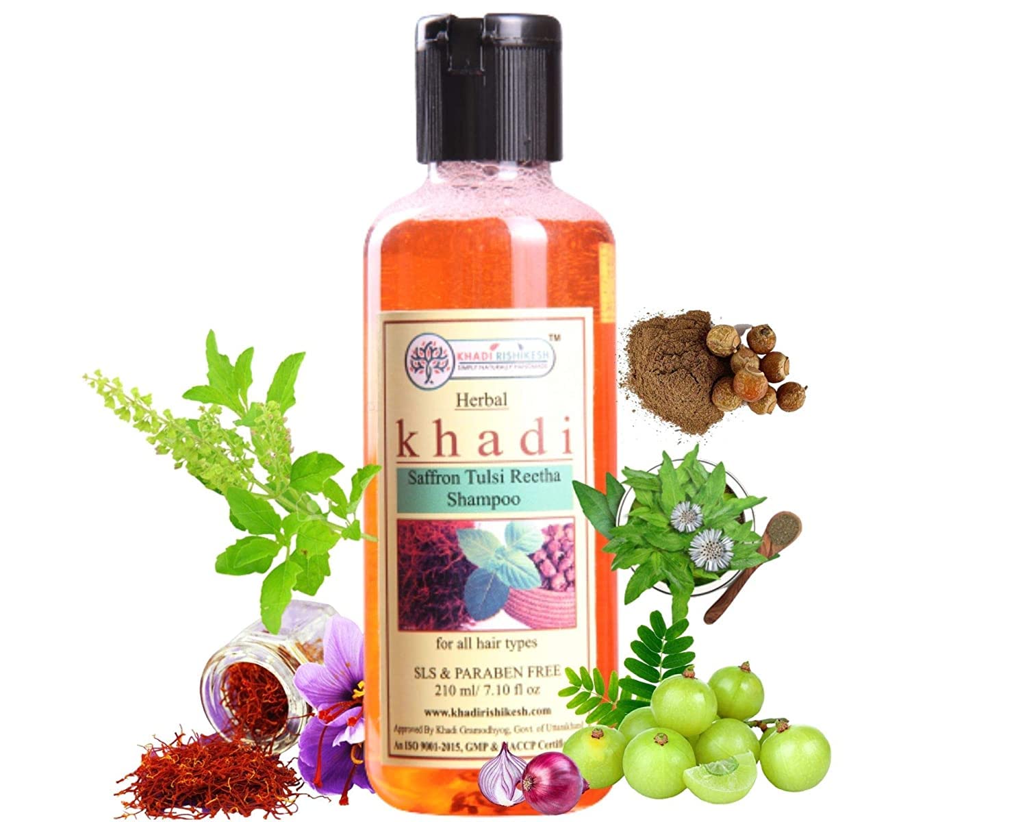 Khadi Rishikesh Herbal Saffron, Tulsi & Reetha Hair Shampoo - Natural Anti-Dandruff Shampoo for Thick Hair | Sulfate-Free Herbal Cleanser for All Hair Types (Women & Men) 210ml with Free Hair Comb | Perfect for Daily Hair Care & Scalp Nourishment
