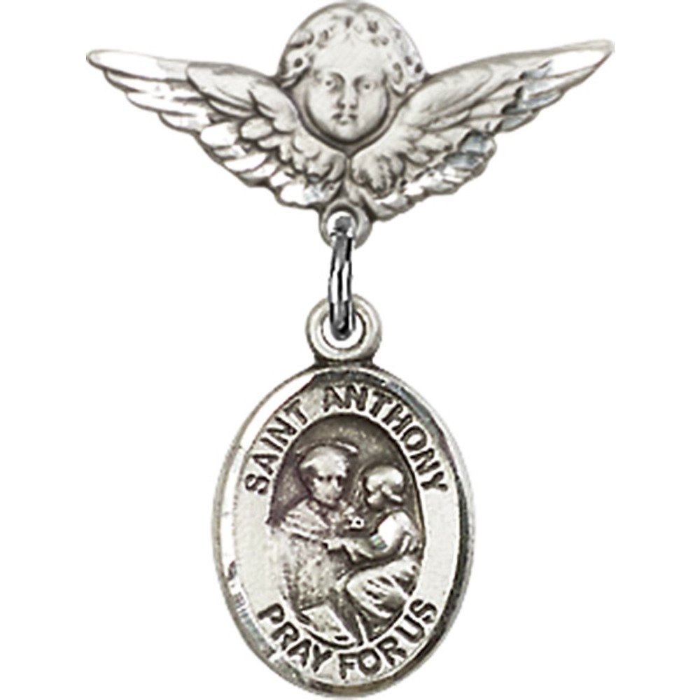 St. Anthony of Padua Sterling Silver Baby Badge with Angel Wing Charm - 7/8 X 3/4 Inch Religious Jewelry Pin for Baptism, Christening & First Communion Gifts