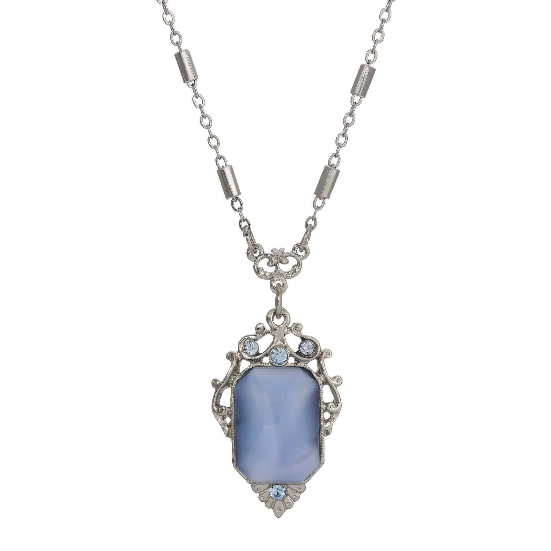 Vintage 1928 Blue Octagon Moonstone & Crystal Filigree Pendant Necklace - 16