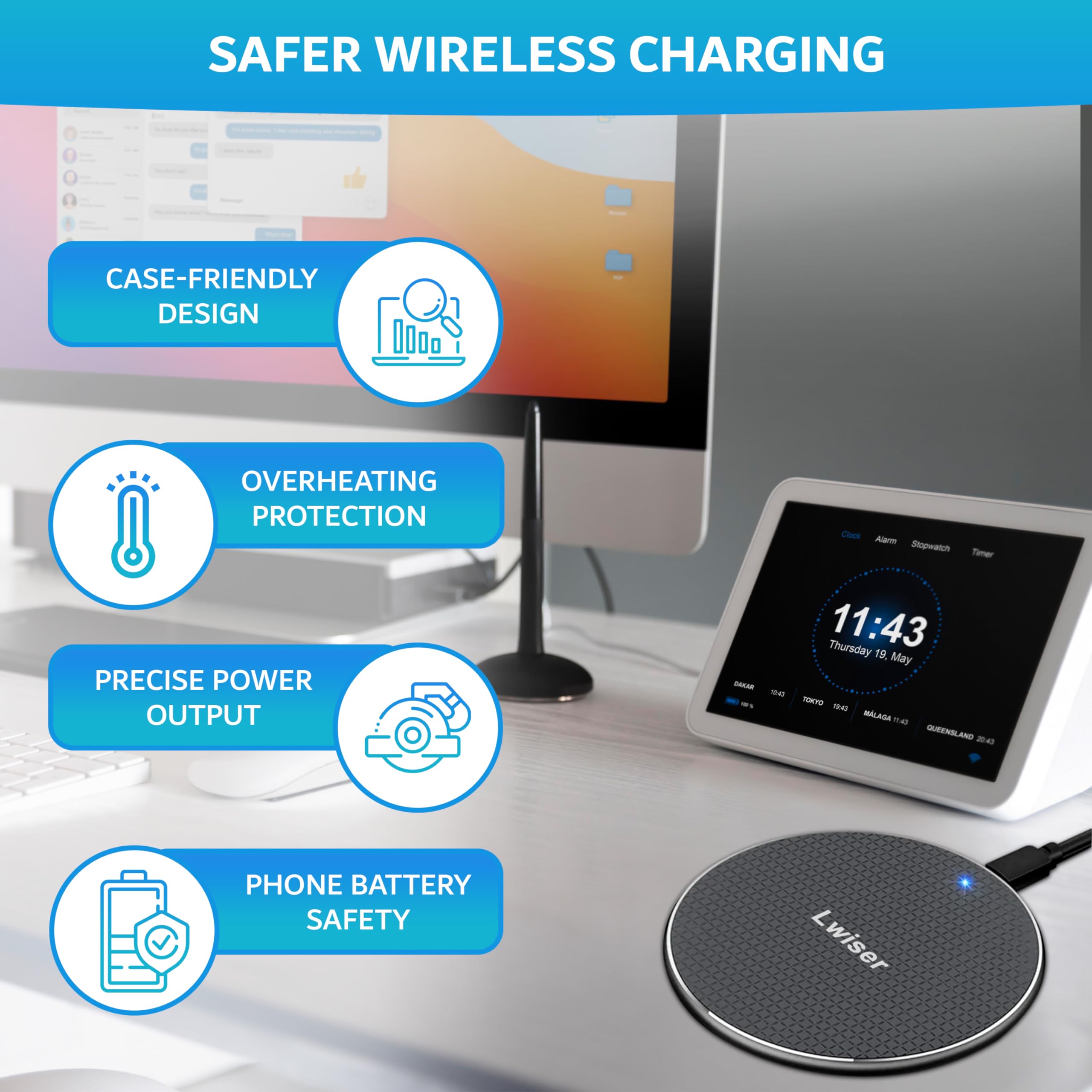 LWISER 15W Fast Wireless Charger for iPhone & Android Phones - Qi Certified Wireless Charging Pad with 6ft Long Cable - Perfect for Home, Office & Nightstand Charging