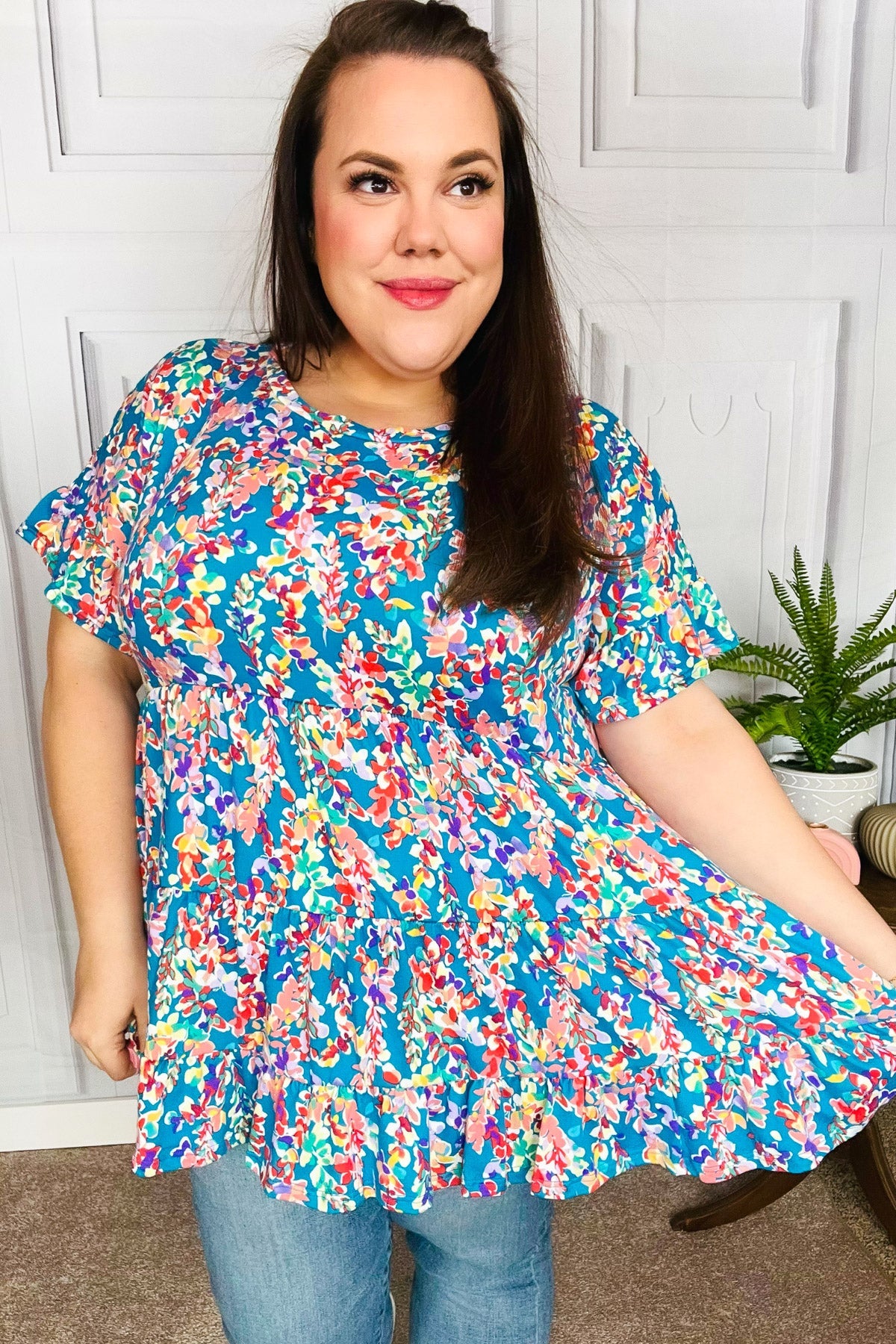 Blue Floral Ruffle Hem Tiered Top Women's Blouse - Elegant Summer Tops for Casual Outings & Date Nights