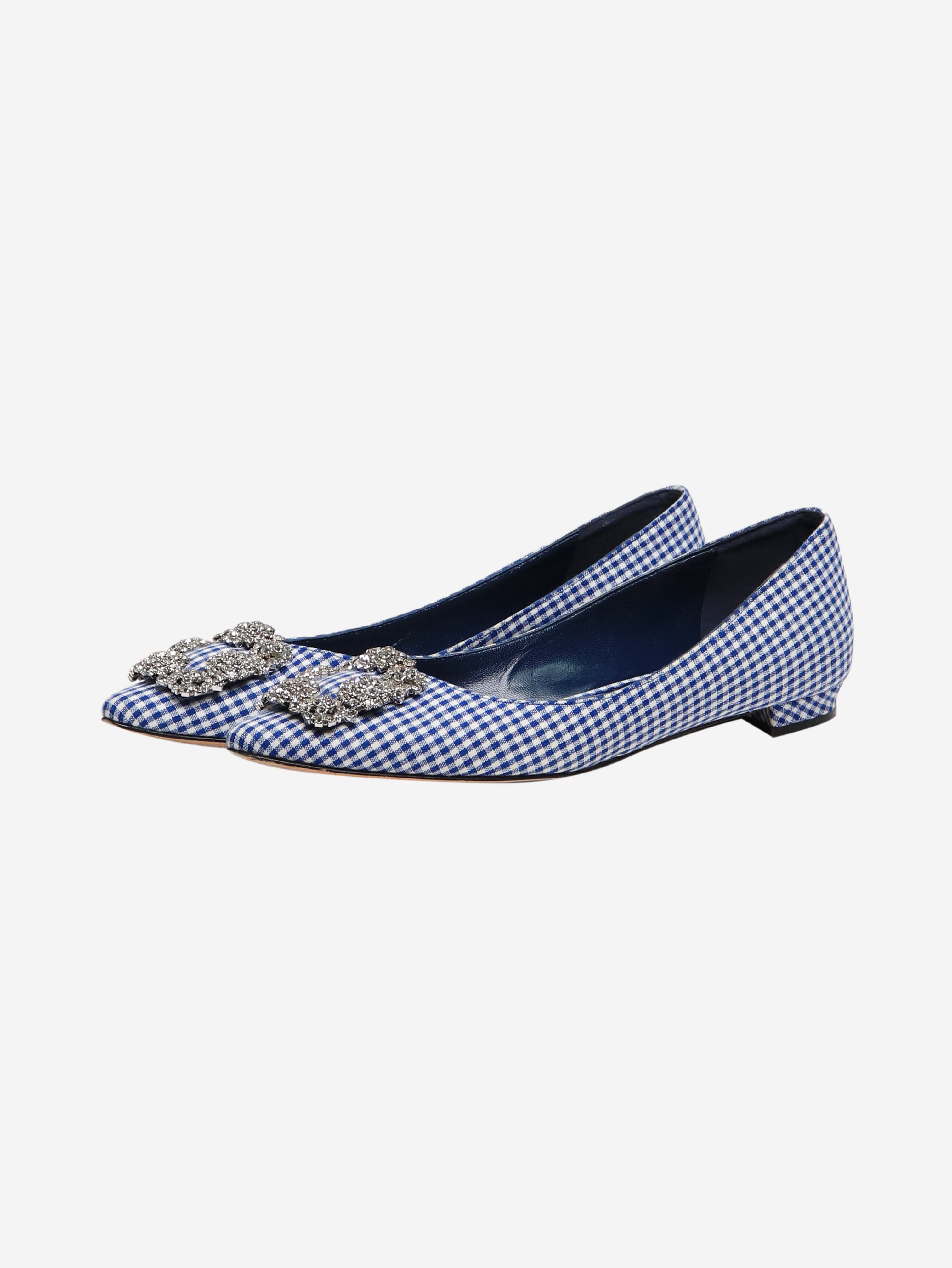 Blue and White Gingham Flat Shoes - Women's Size EU 37 (US 6.5) - Comfortable Casual Loafers for Walking, Office, and Everyday Wear