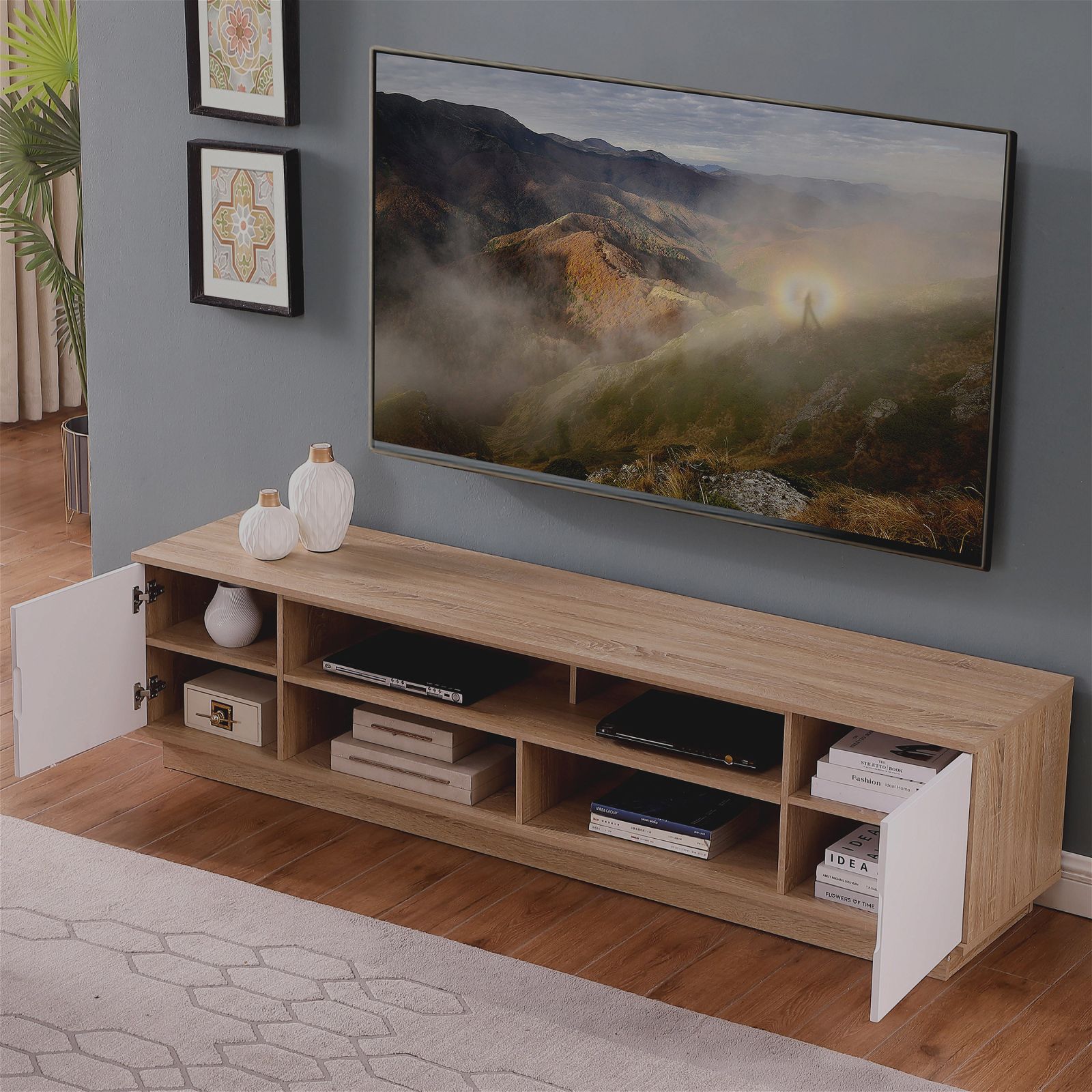 DELUX 200cm Oak & White TV Stand Entertainment Unit with Storage - Modern Media Console for Living Room, Home Theater & Gaming Setup