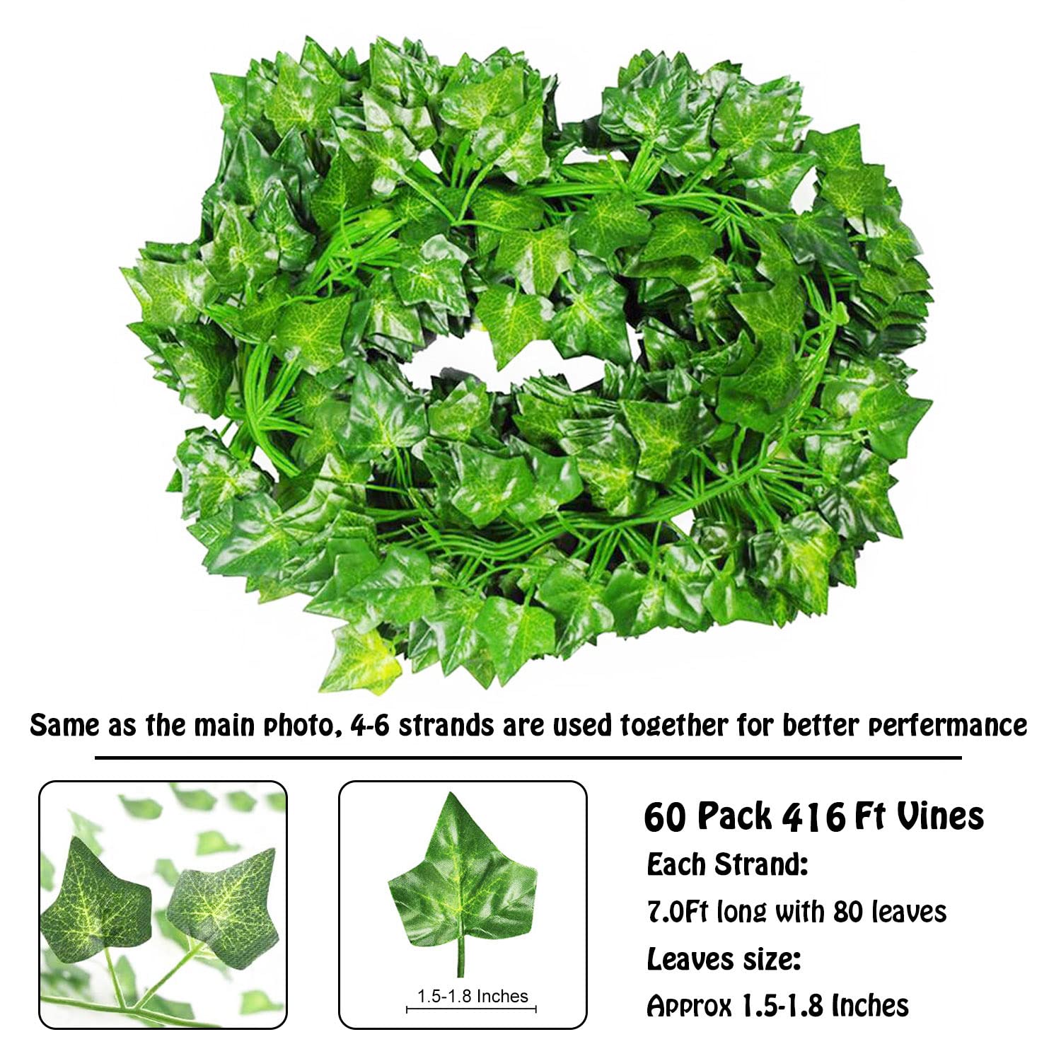 Artificial Ivy Garland - 60 Strands 416Ft Fake Hanging Plants for Wedding, Party & Home Decor | UV Resistant Fake Ivy Vines for Wall, Garden & Indoor Room Decoration (Ivy Leaves) - Perfect for Creating Romantic Atmosphere & Enhancing Living Spaces