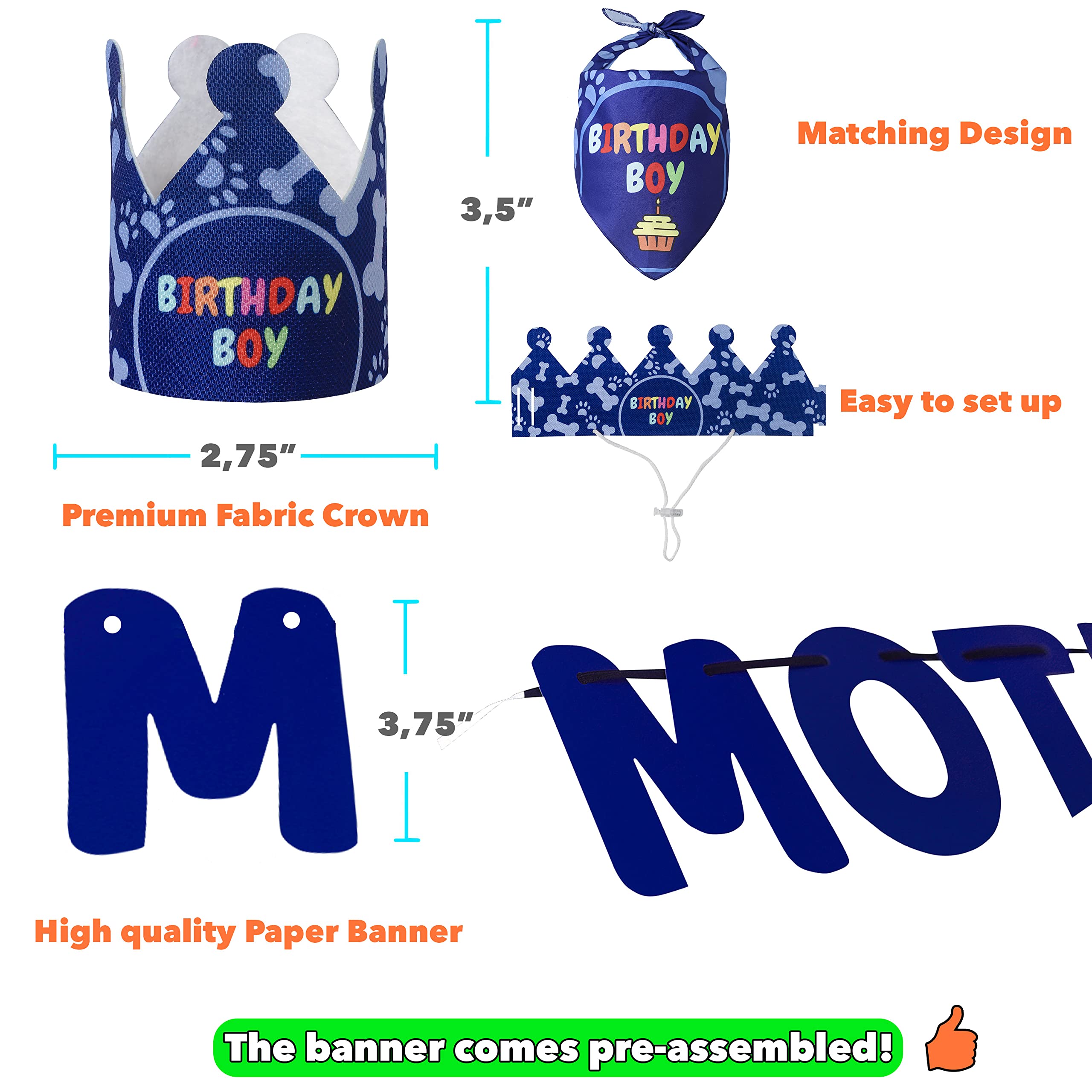 Dog Birthday Party Decorations Set - Birthday Bandana, Hat & Banner for Small Dogs & Puppies - Perfect for Birthday Celebrations & Photo Shoots