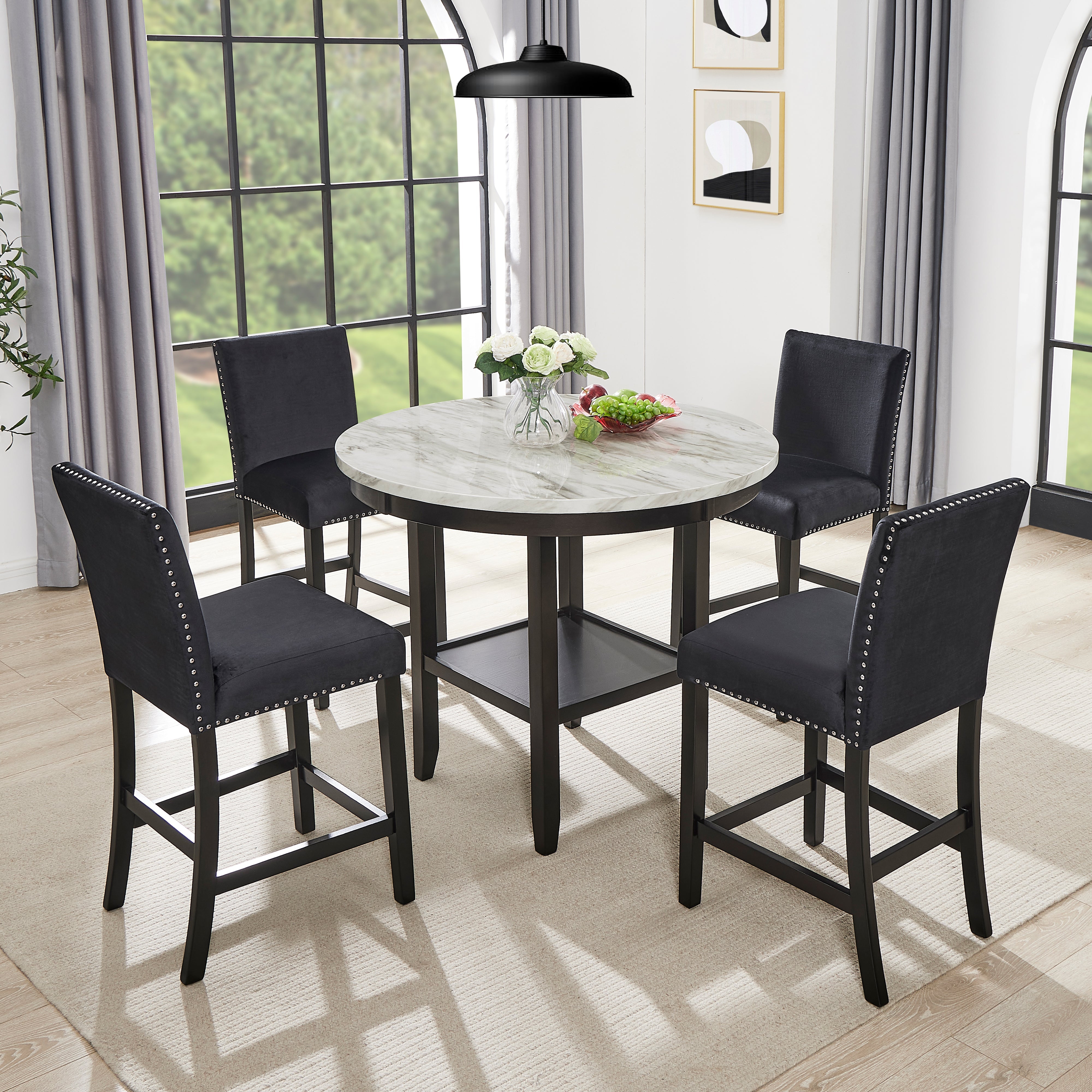 Roundhill Furniture 5-Piece Mella Counter Height Dining Set - Round Faux Marble Table with 4 Black Velvet Parsons Stools - Perfect for Kitchen, Breakfast Nook & Small Space Dining