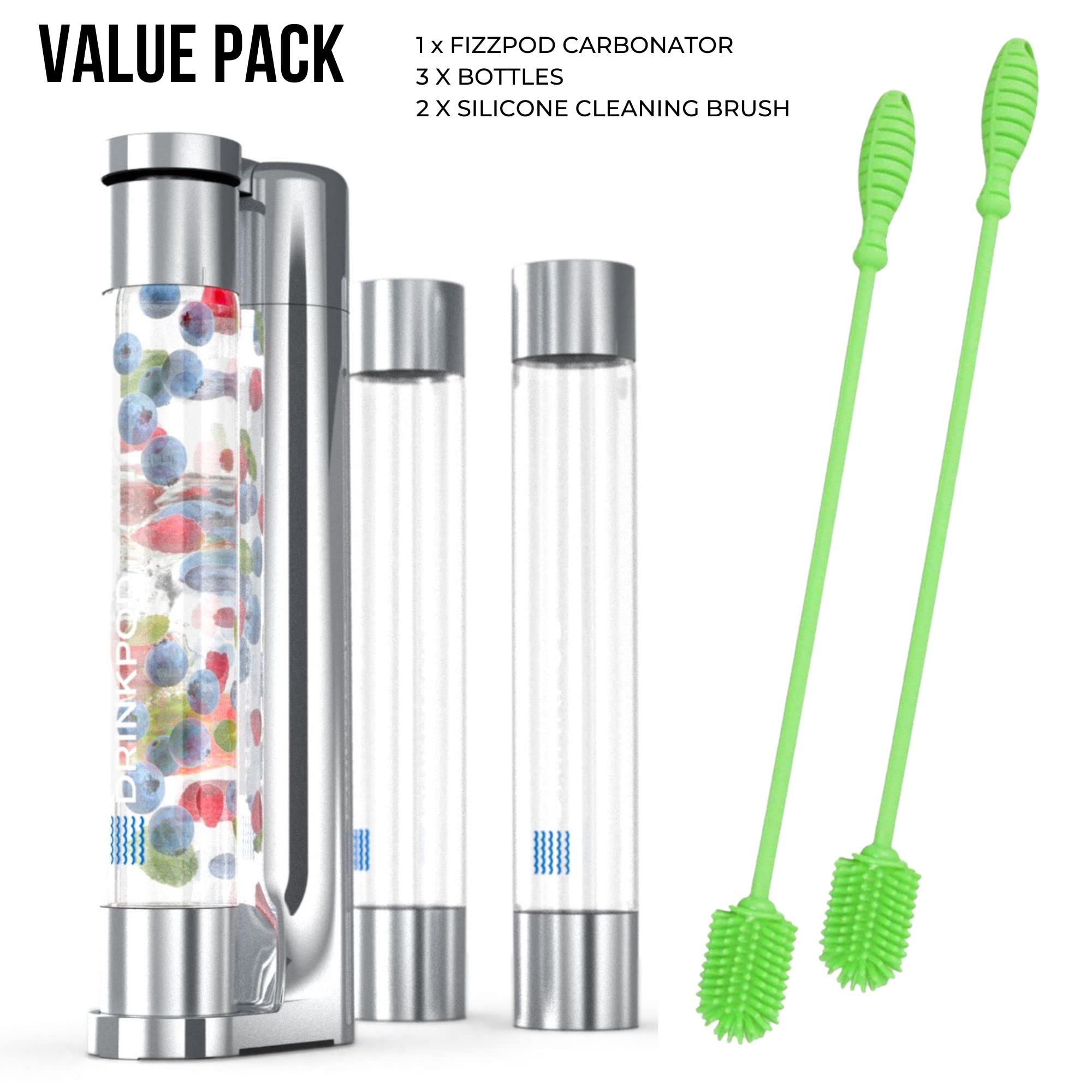 Fizzpod Soda Maker Machine - Home Carbonation System for Sparkling Water, Soda & Fizzy Drinks with 3 PET Bottles, 3 Caps & Carbonator Cap - Perfect for Coffee, Tea, Cocktails & Fruit Infusions (Chrome + 2 Green Brushes) | Great for Parties, Home Bars & Healthy Hydration