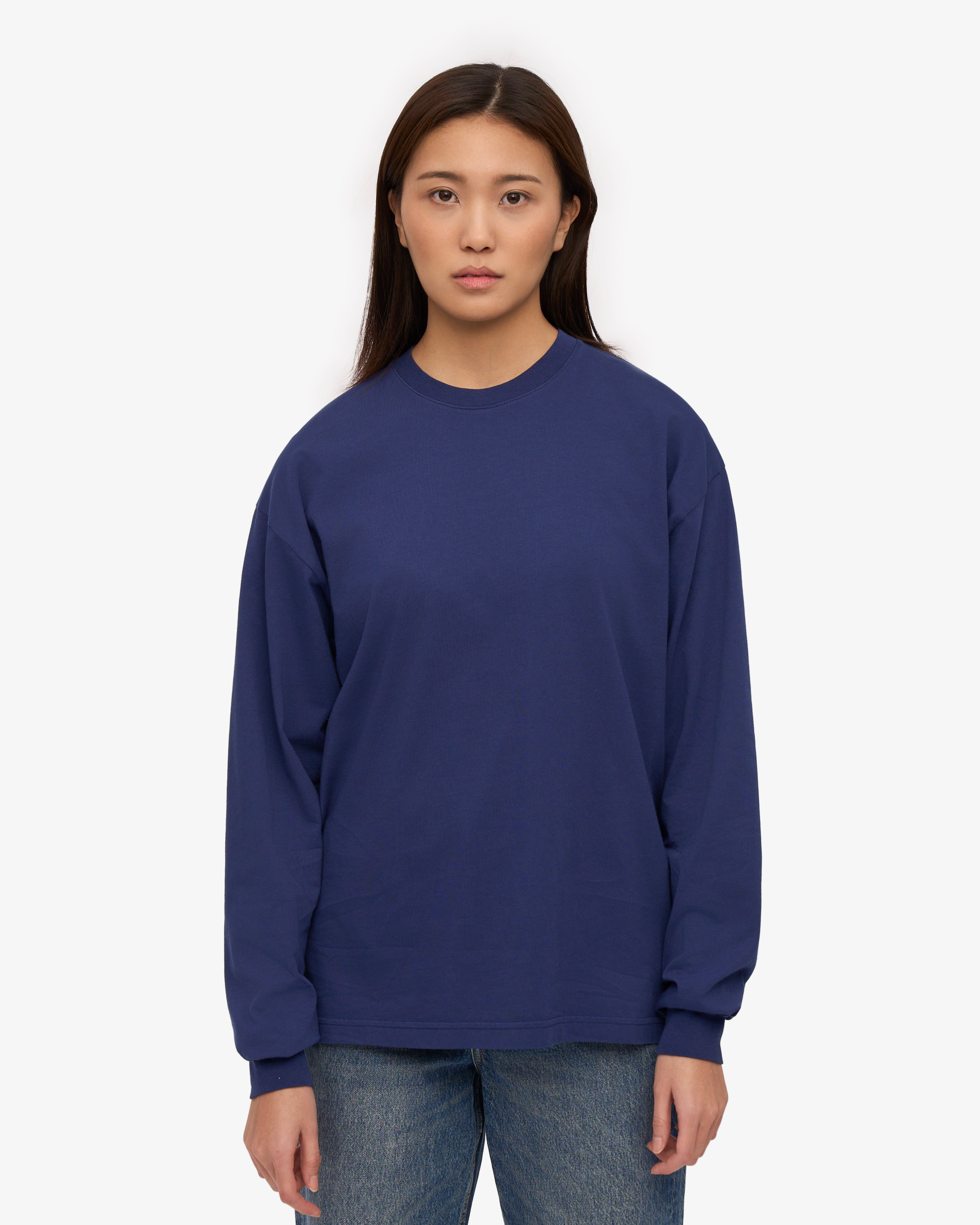 Organic Oversized Long Sleeve T-Shirt for Women - Soft Cotton Crewneck Top in Marine Blue - Casual Loungewear & Layering Essential