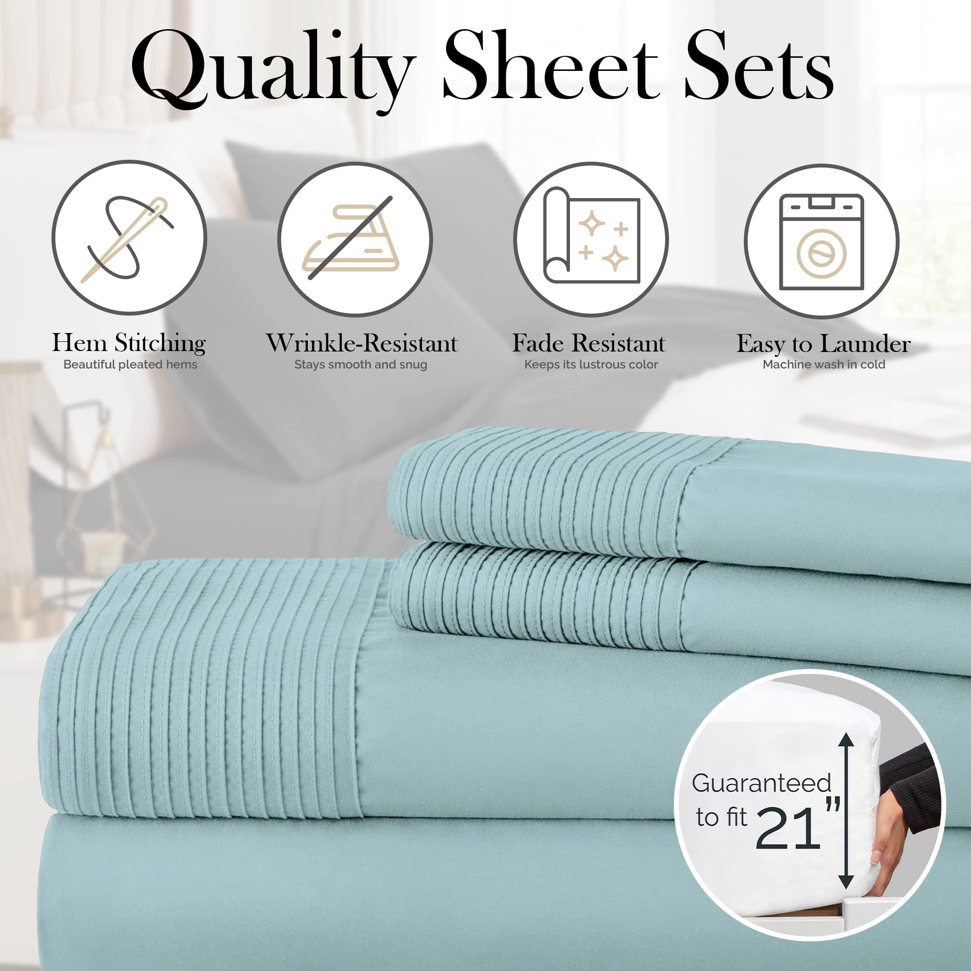 Southshore Fine Living Vilano Pleated Queen Sheet Set - 4 Piece Deep Pocket Bed Sheets for Queen Size Mattress (21
