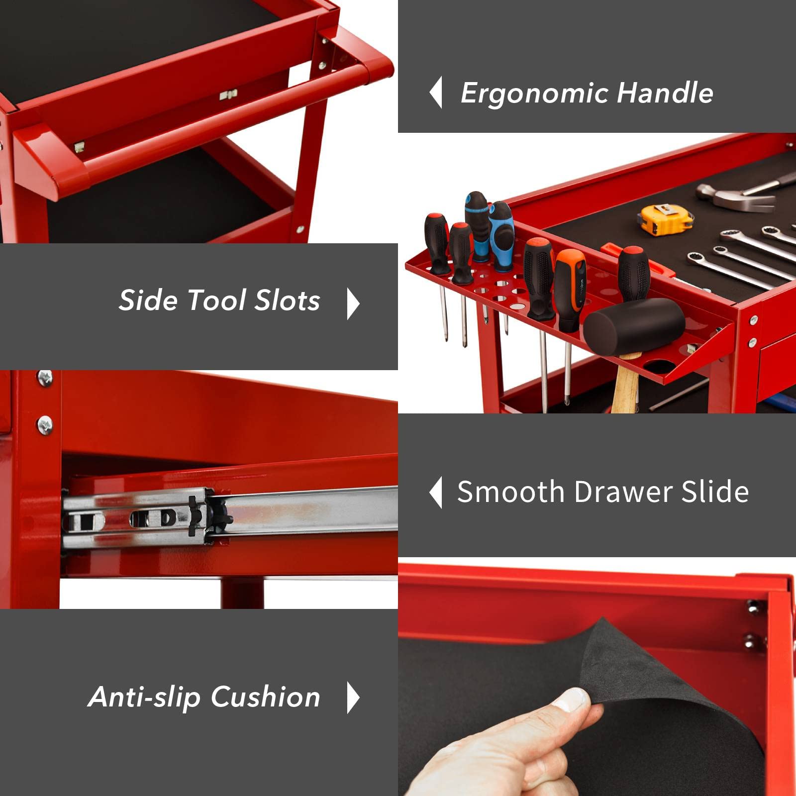 3-Tier Heavy Duty Rolling Tool Cart with Drawer - 330 LBS Capacity Industrial Utility Service Cart for Mechanics, Garage & Workshop Organization - Perfect for Auto Repair, Warehouse Tools & DIY Projects (Red)