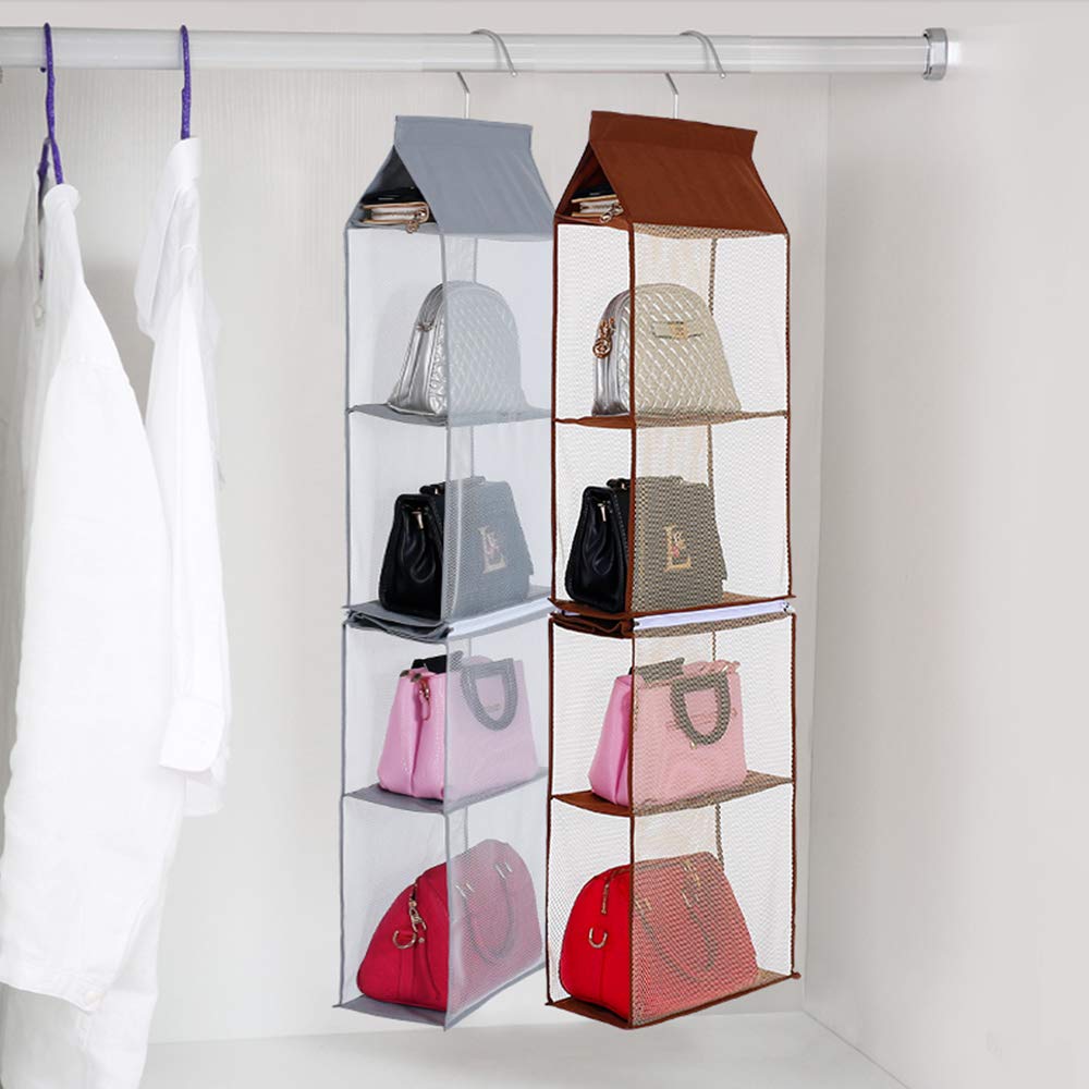 Keepjoy Hanging Handbag Organizer - 4-Tier Heavy Duty Mesh Closet Purse Storage with Detachable Design for Handbags, Purses & Accessories (Brown) - Perfect for Bedroom, Closet & Dorm Organization