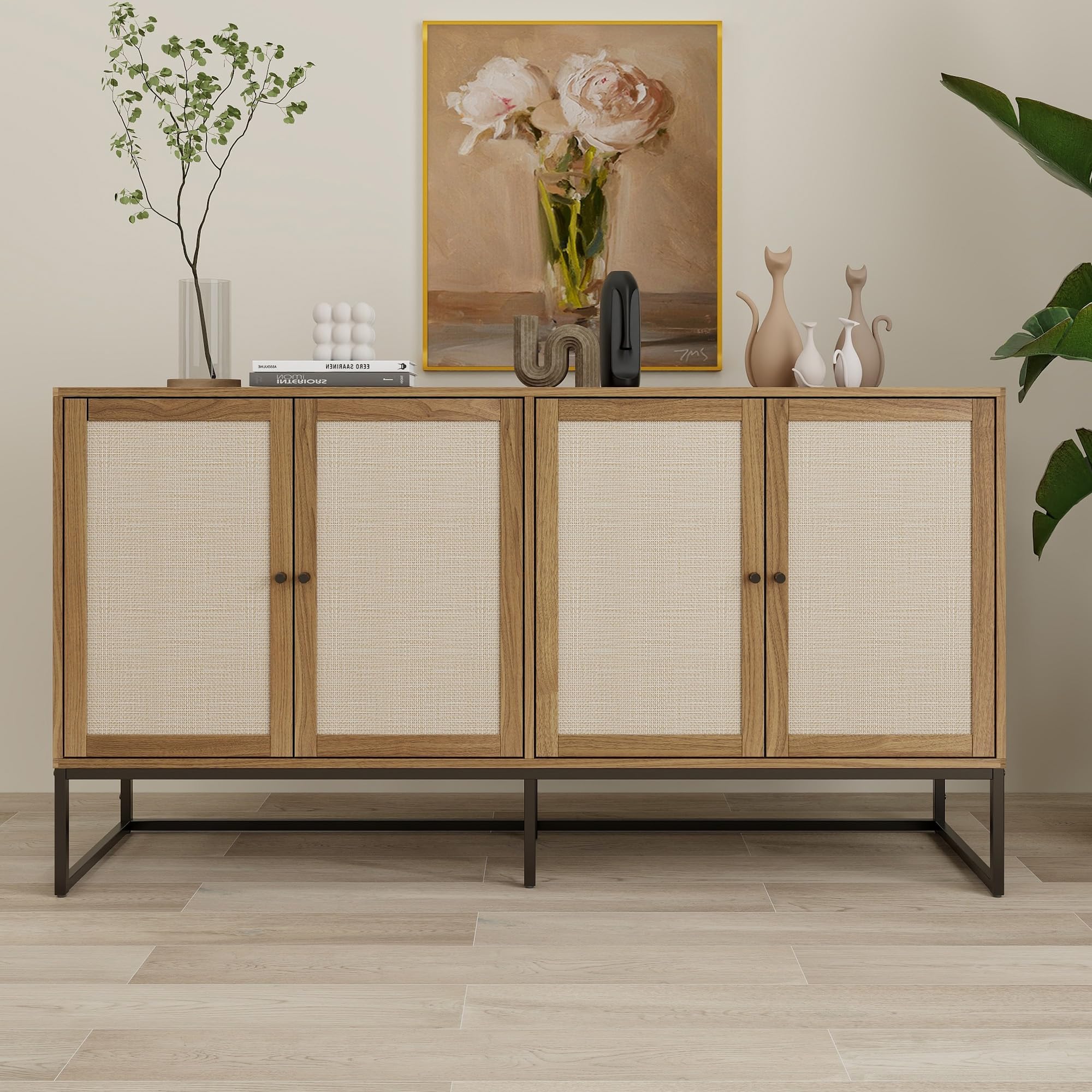 Modern Sideboard Cabinet with Rattan Doors - Adjustable Shelves Accent Storage for Kitchen, Dining Room, Living Room, Hallway & Office - Freestanding Storage Cabinet in Walnut Finish | Perfect for Home Organization & Stylish Decor