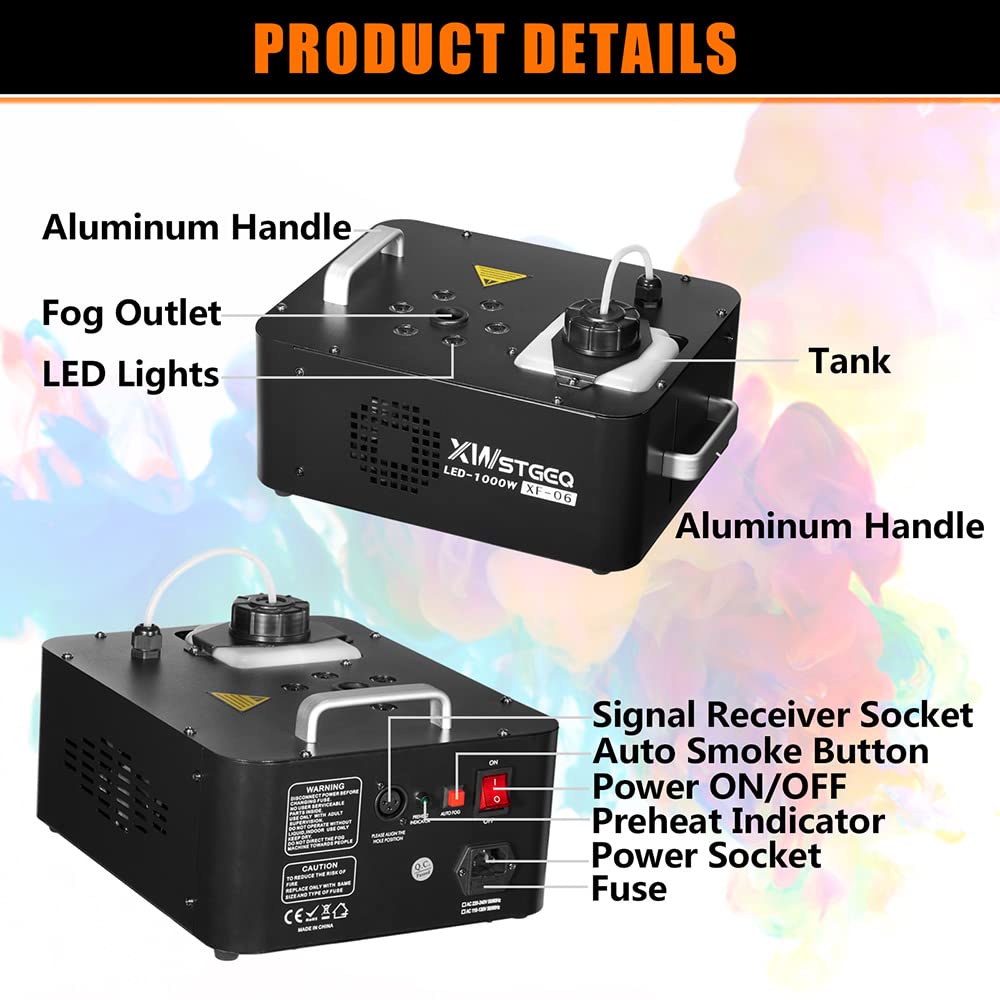 1000W Vertical Fog Machine with 6 LED Lights & Wireless Remote - Perfect for Stage Shows, Halloween Parties, Wedding Events, and DJ Performances