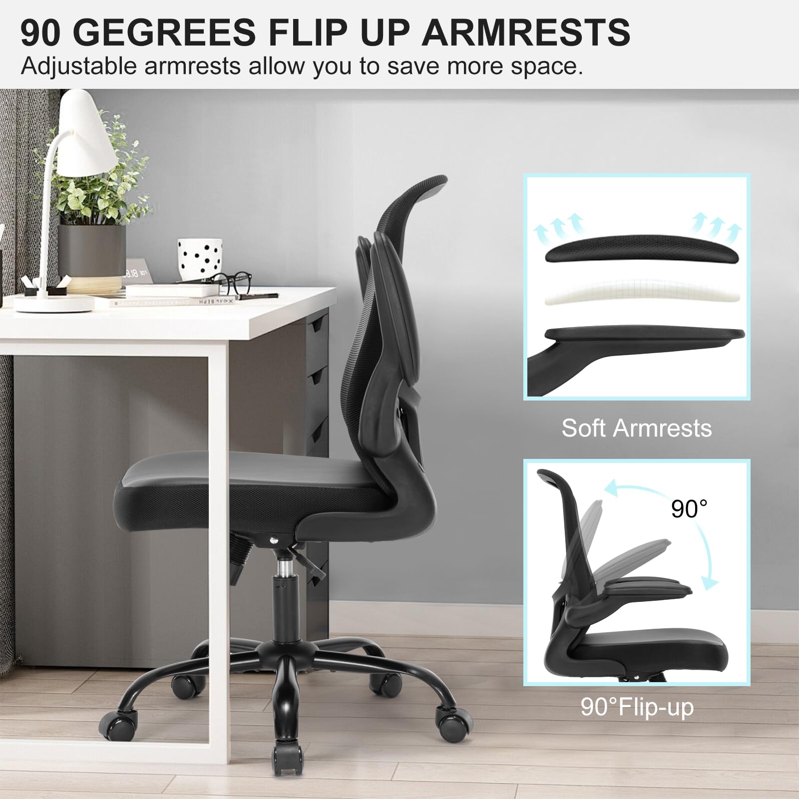 Ergonomic Office Chair with Flip-Up Armrests & Lumbar Support - PU Leather Executive Desk Chair, Mesh Back Swivel Task Chair for Home Office - Black (Perfect for Long Work Hours & Gaming)
