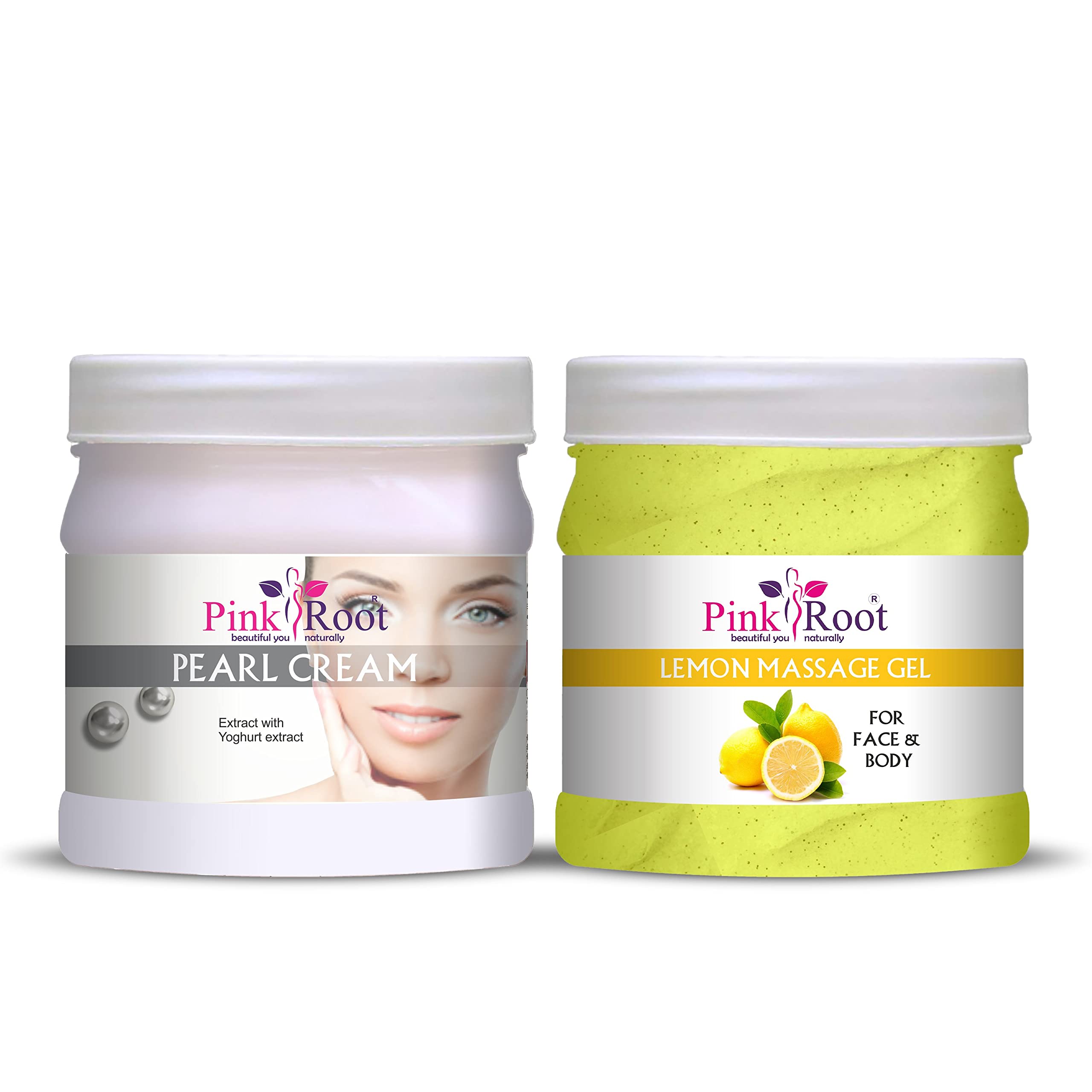 Pink Root Lemon Massage Gel & Pearl Cream Set - 500ml Each for Relaxation & Skin Hydration | Perfect for Spa, Home Massage & Skincare Routine
