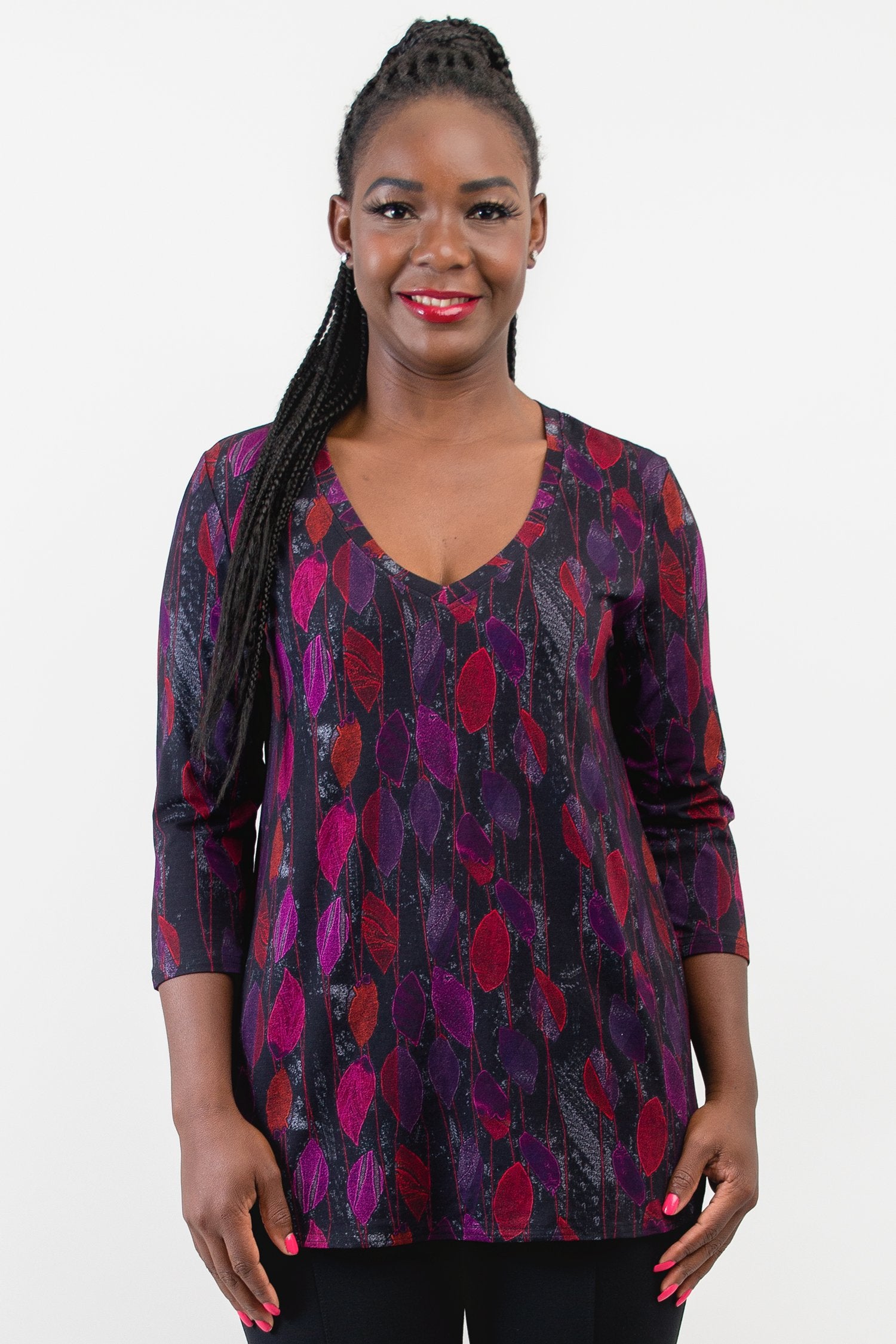 Jackie 3/4 Sleeve Women's Tops - Orchid Leaf Print Bamboo Fabric Blouse for Casual Wear & Summer Outfits | Final Sale