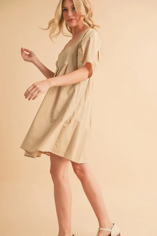 Beige Babydoll Dress with Pockets - Flowy Short Sleeve Loose Fit Mini Dress for Women | Perfect for Summer, Beach, Date Night & Casual Outings