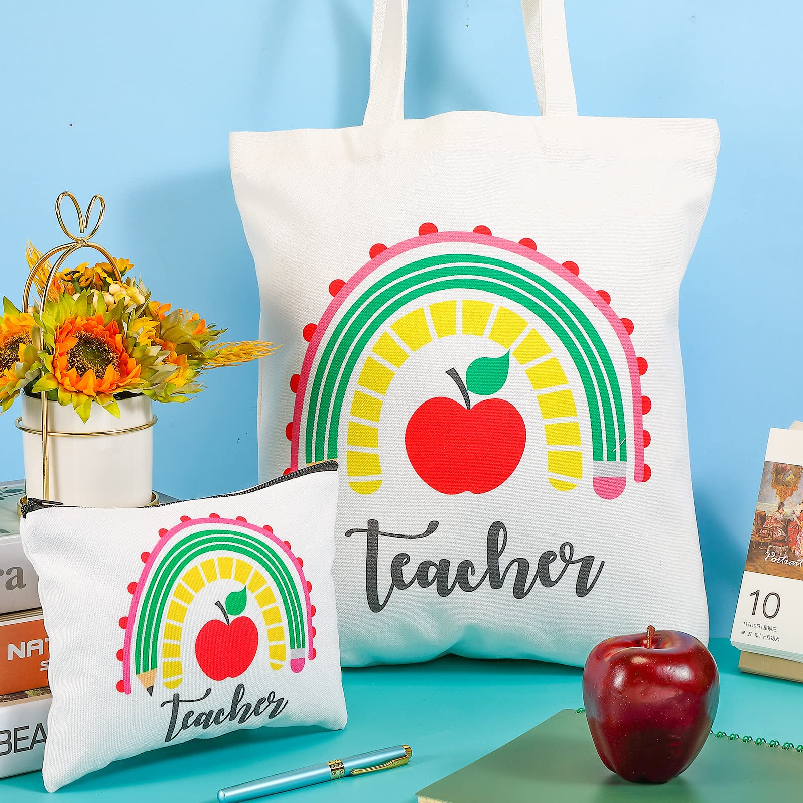 Amylove 10-Piece Teacher Appreciation Gift Set - Canvas Tote Bag & Makeup Pouch for Women - Perfect for Teacher Week, End of Year Gifts & Back to School Supplies