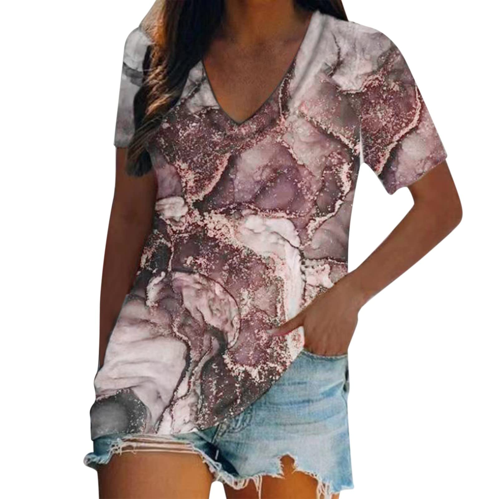Women's Summer Short Sleeve V-Neck Tie-Dyed Printed T-Shirts - Casual Juniors Tops - Pack of 3 - Beige - Perfect for Beach, Vacation & Everyday Wear