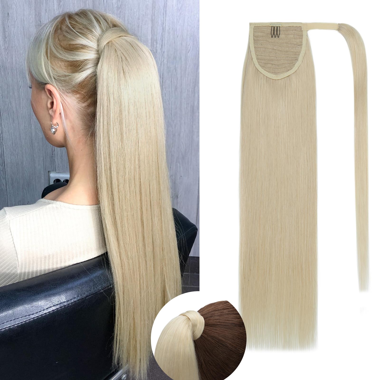 Premium 22 Inch Human Hair Ponytail Extensions - 95g Real Hair Clip-In Ponytail Wrap (Color #60 Platinum Blonde) for Women | Long Straight Hair Extensions for Daily Wear, Parties & Special Occasions