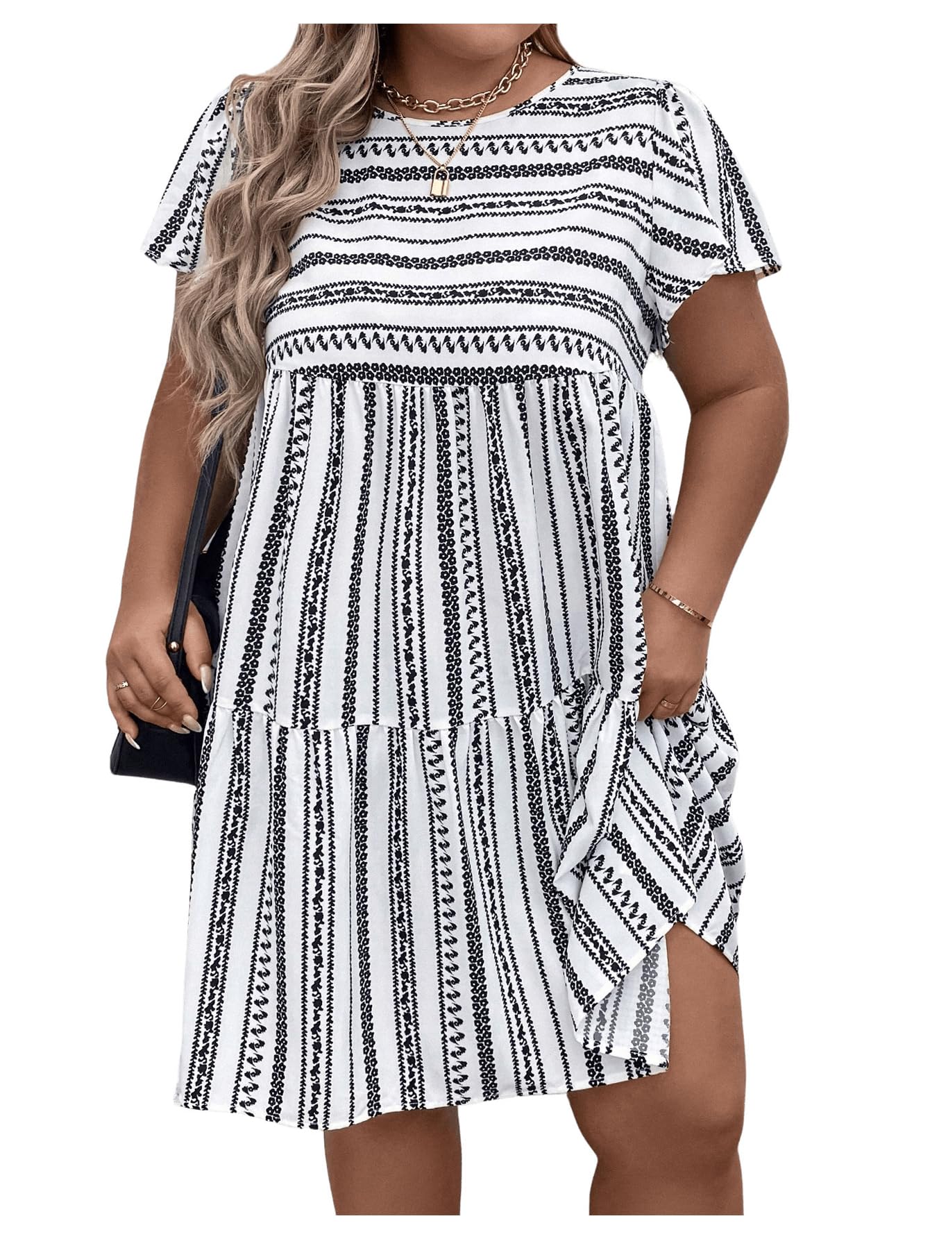 **Plus Size Striped Midi Dress for Women - Flounce Hem, High Waist, Round Neck & Short Sleeve - Perfect for Casual Outings, Office Wear & Summer Vacations**