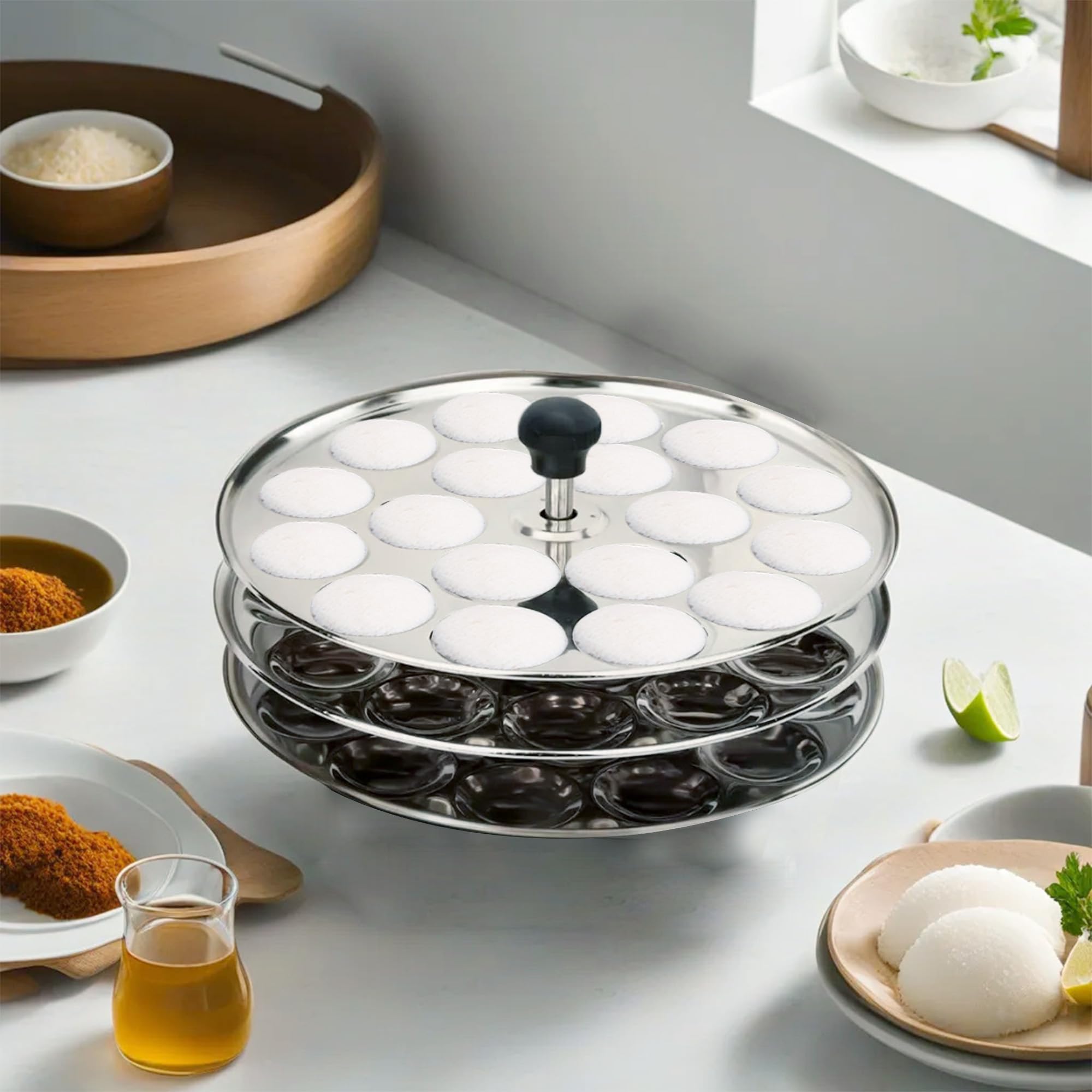 USHA SHRIRAM Stainless Steel Mini Idli Plates with Removable Bakelite Handle - 3 Round Idli Maker Stand for Pressure Cooker | Perfect for South Indian Breakfast, Homemade Idli Cooking & Traditional Indian Kitchen Essentials